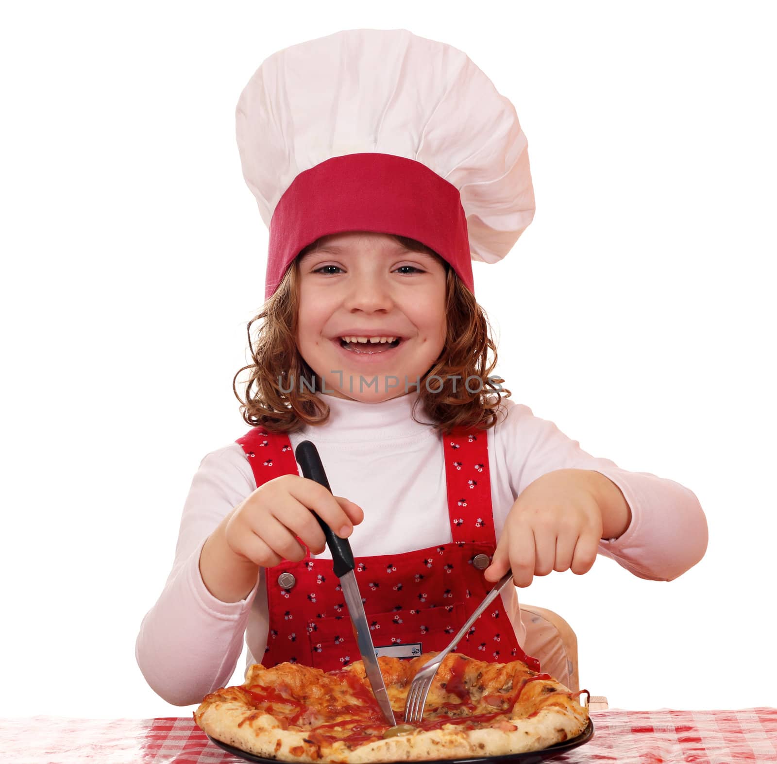 happy little girl cook eat pizza