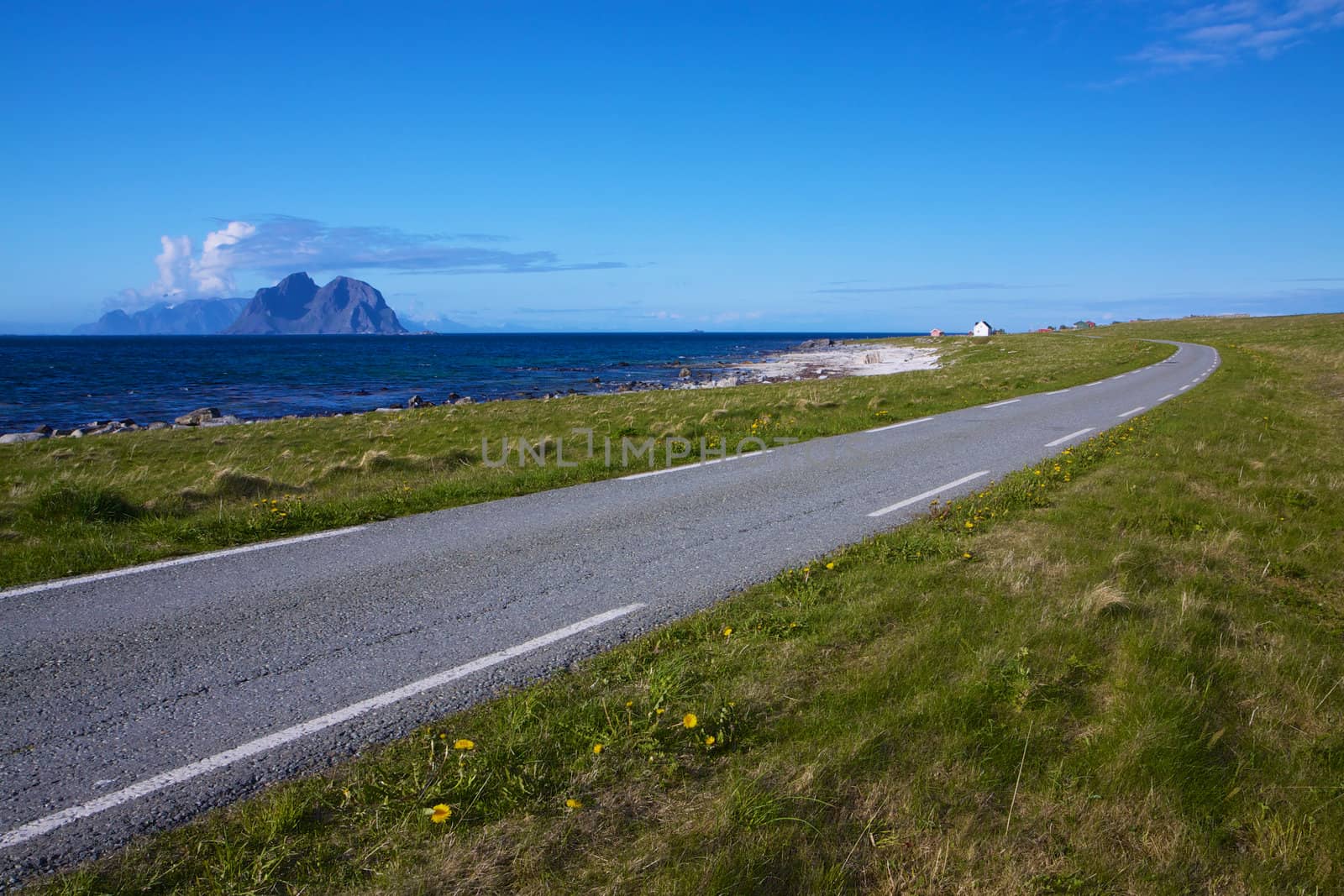 Scenic coastal road on Lofoten islands in Norway on sunny summer day