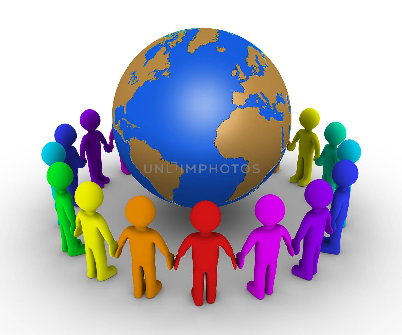 Different colored people form a circle around the globe