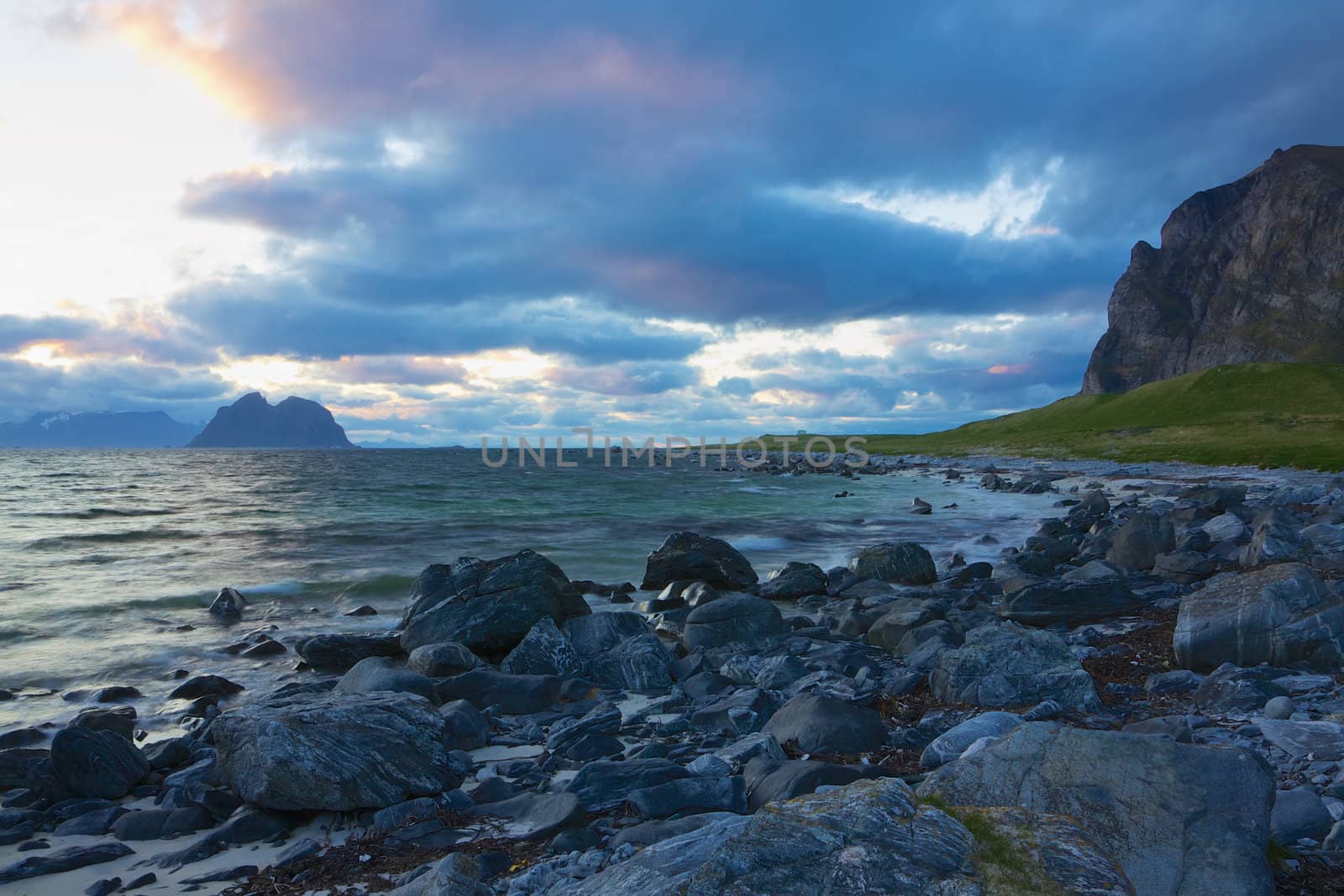 Rocky norwegian shores on Lofoten islands in summer