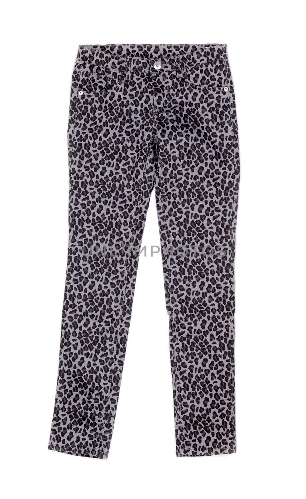 gray pants with leopard print on white background