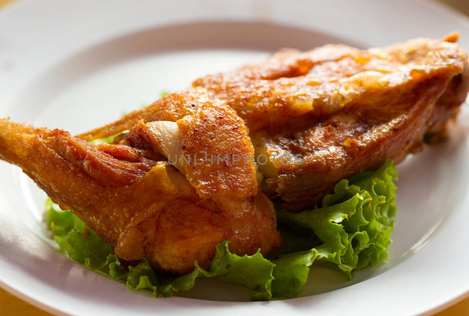 fried chicken on a plate with lettuce