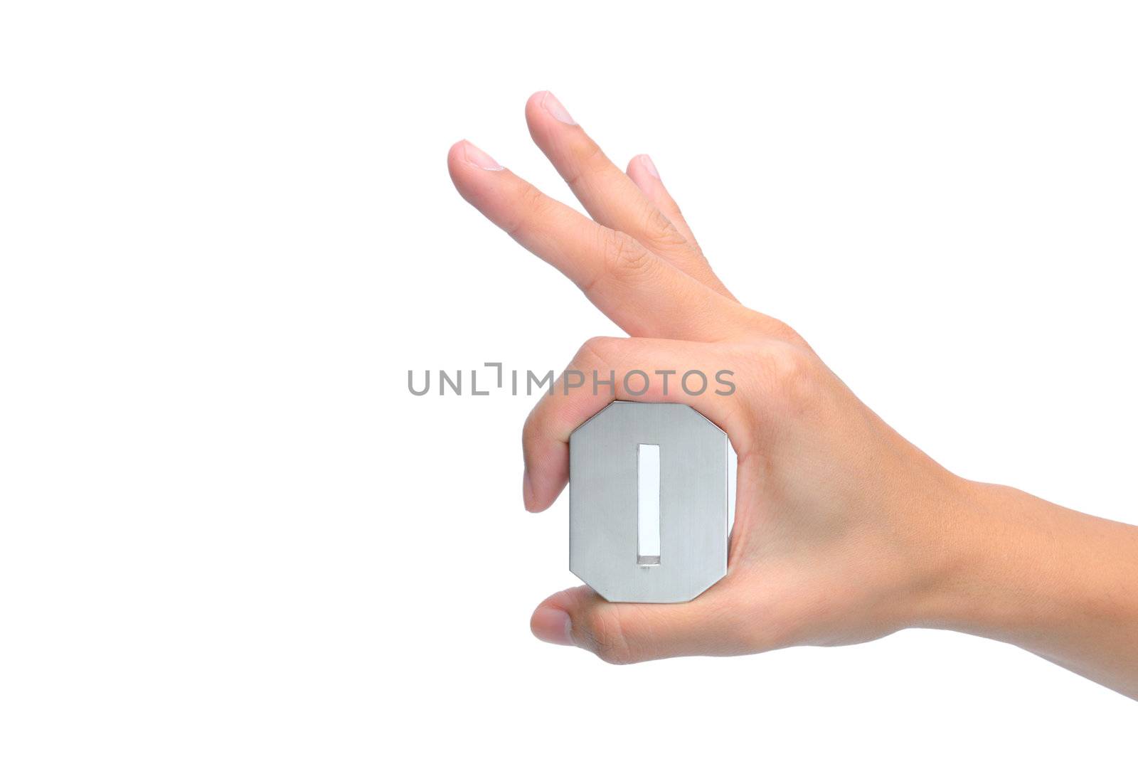 woman hand OK sign with  O letter isolated on white background.