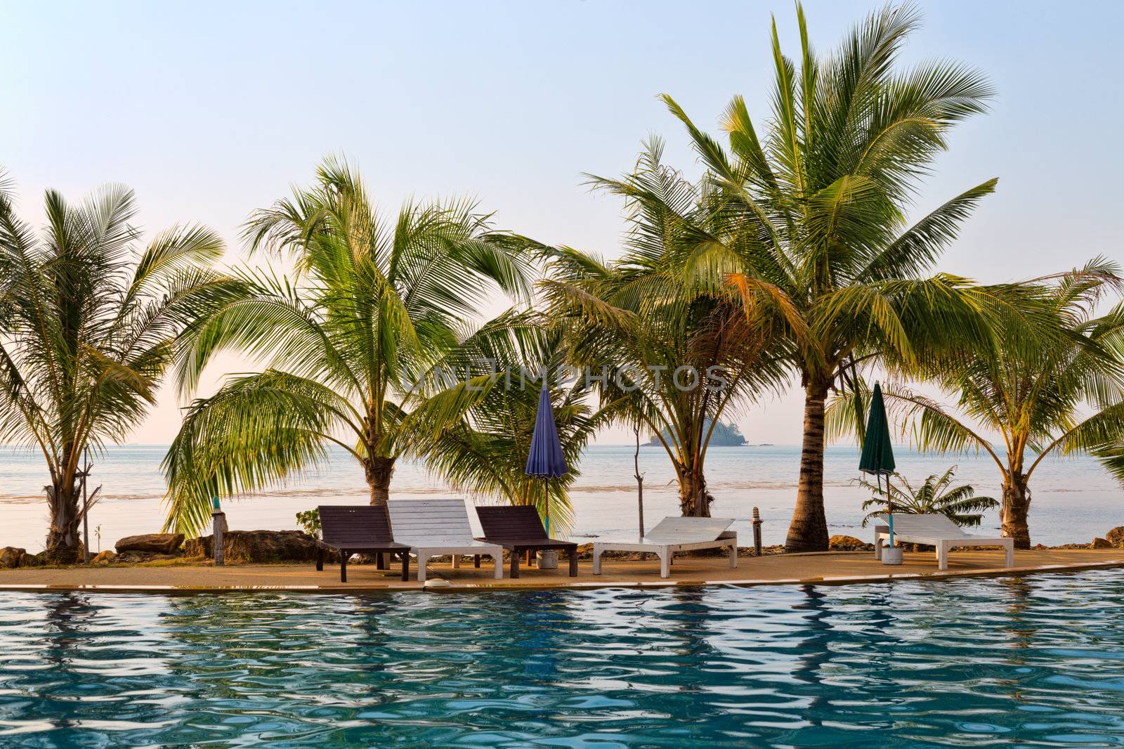 swimming pool, palm trees against the sea on the island of Koh Chang in Thailand