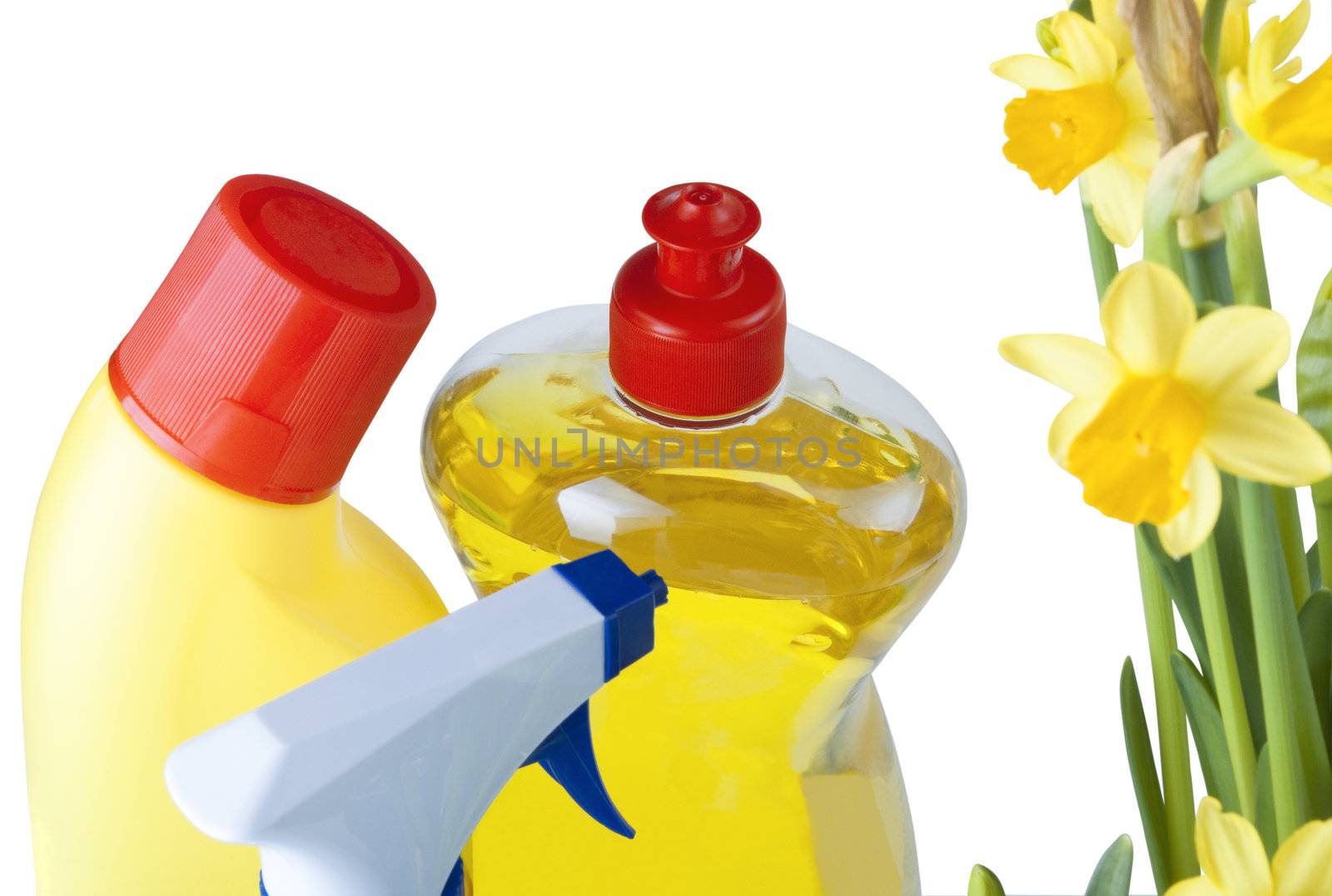 A group of cleaning products next to some daffodils to signify Spring cleaning.  Isolated against white background.