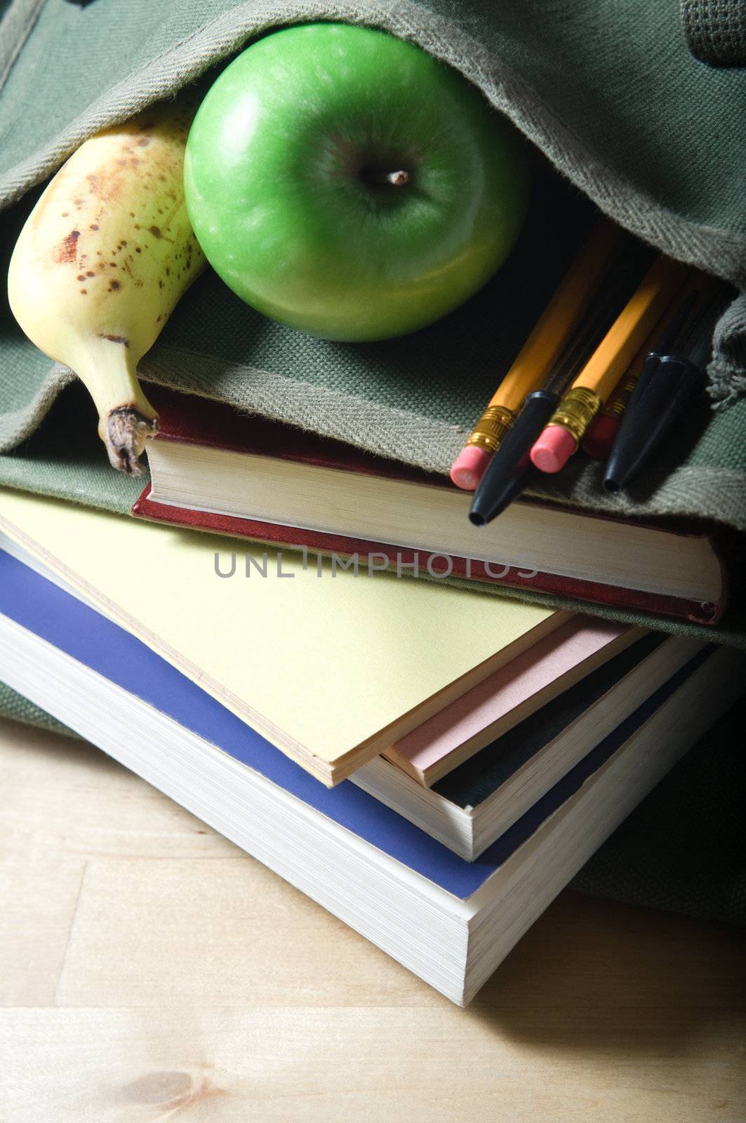 School Satchel with Books and Fruit by frannyanne