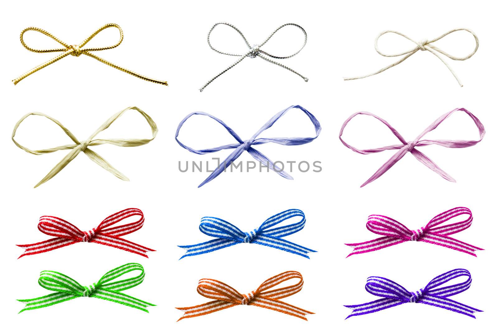 A selection of various plain and patterned tied bows in a variety of materials, cut out and isolated on white.