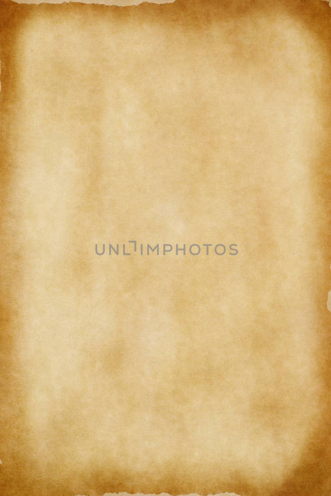 A sheet of yellowed. patchy parchment paper with darker, aged brown torn edges for background texture and copy space.