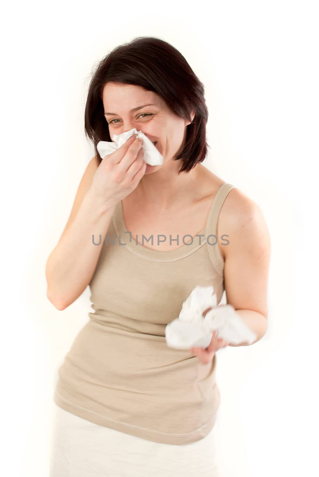sneezing and laughing allergies ill woman with tissues