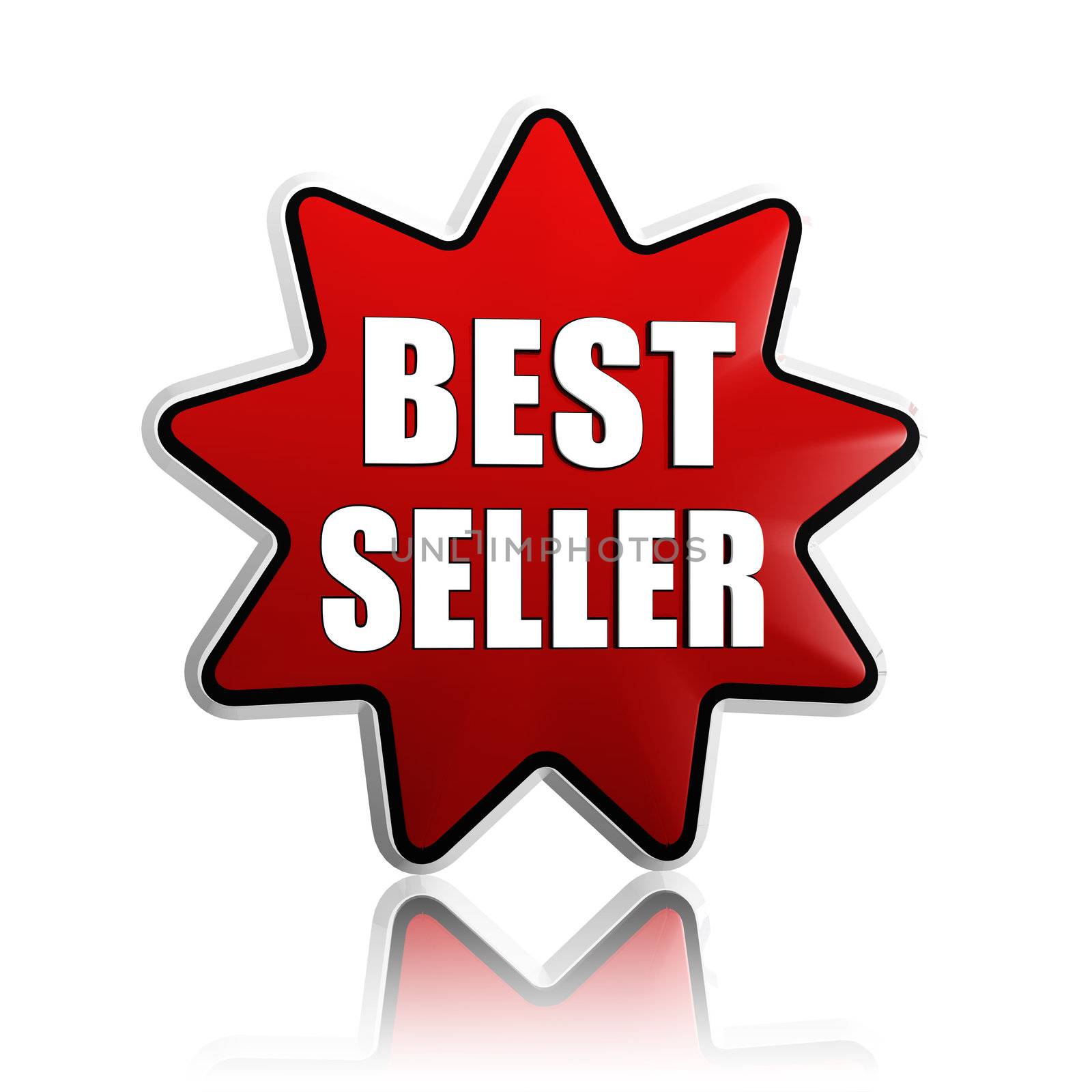 best seller button - text in 3d red star label with white letters, business concept
