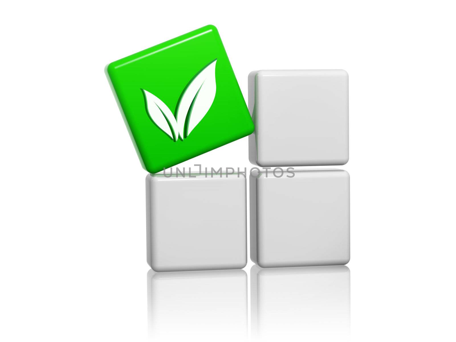 leaf sign - 3d green cube with symbol over grey boxes, business eco bio concept