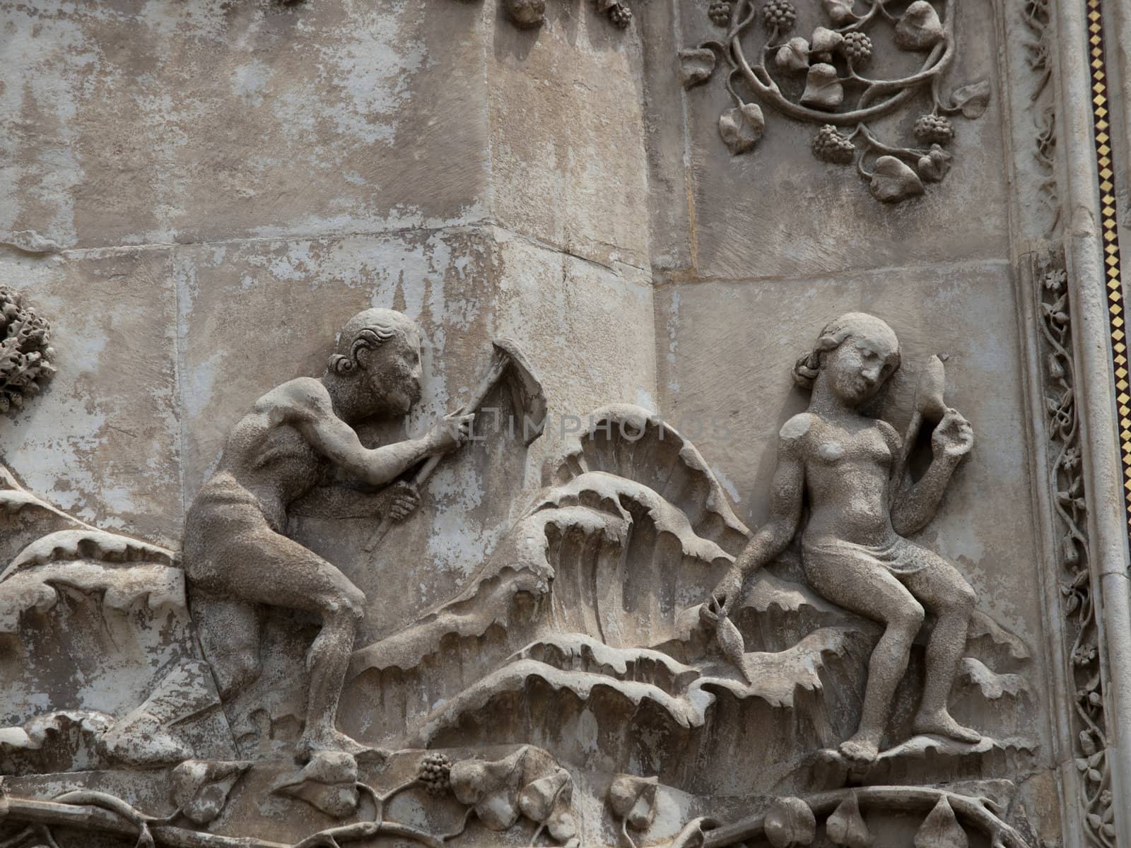Orvieto - Duomo facade. The first pillar: scenes from Genesis.Lives of the people after the expulsion from paradise.