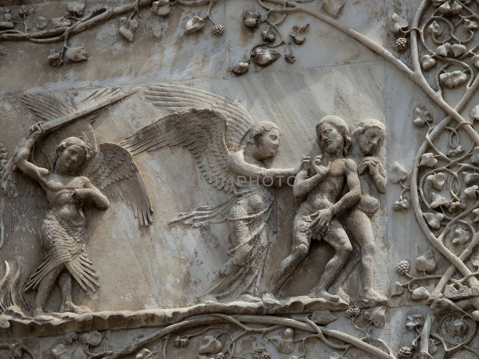  Orvieto - Duomo facade. The first pillar: scenes from Genesis. Adam and Eve driven out of Paradise
