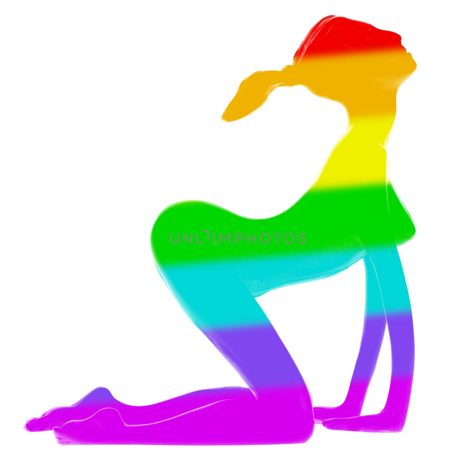 Sexy silhouette of a statue of a young woman in the colours of the rainbow flag