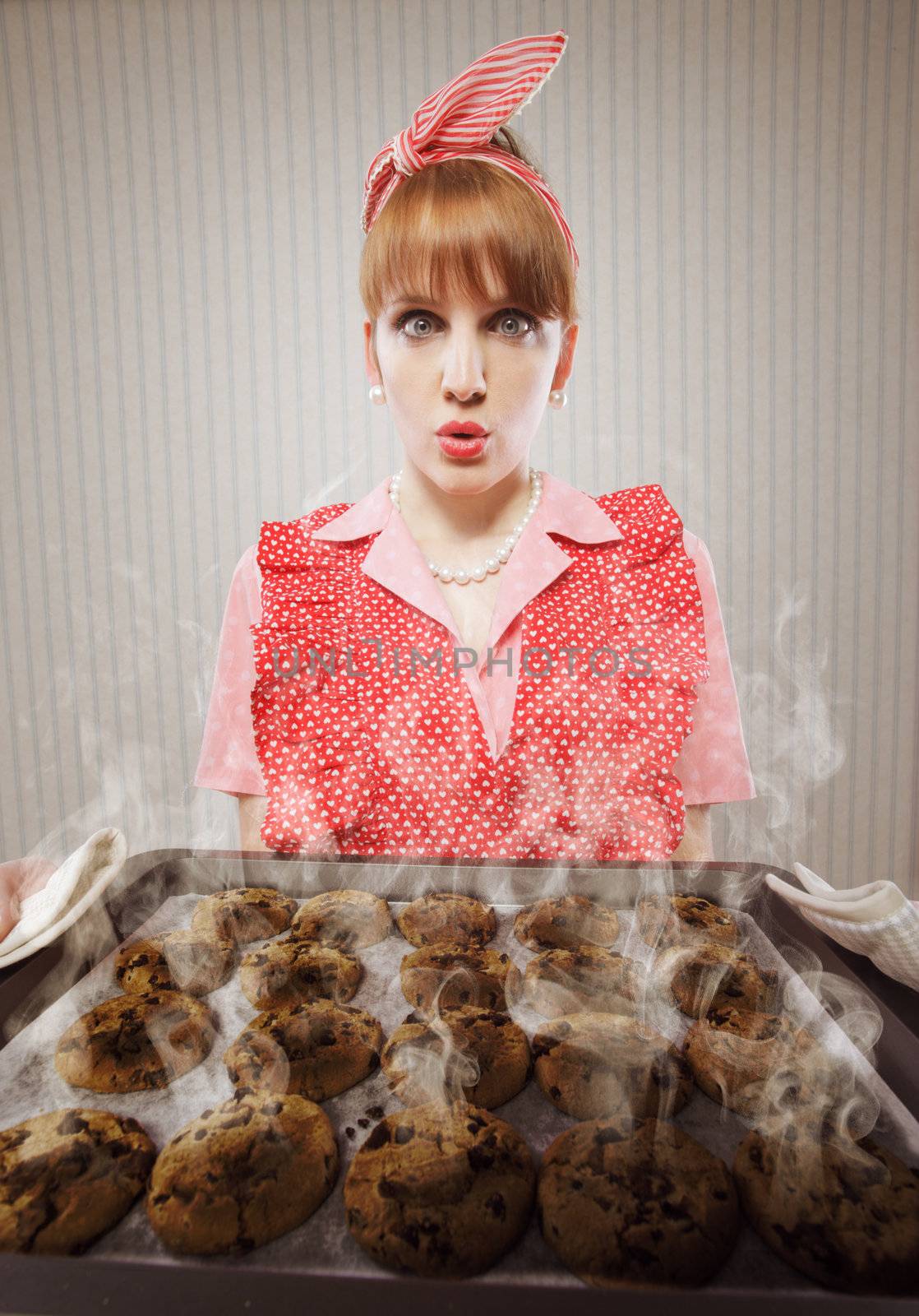 Retro housewife burnt the cookies