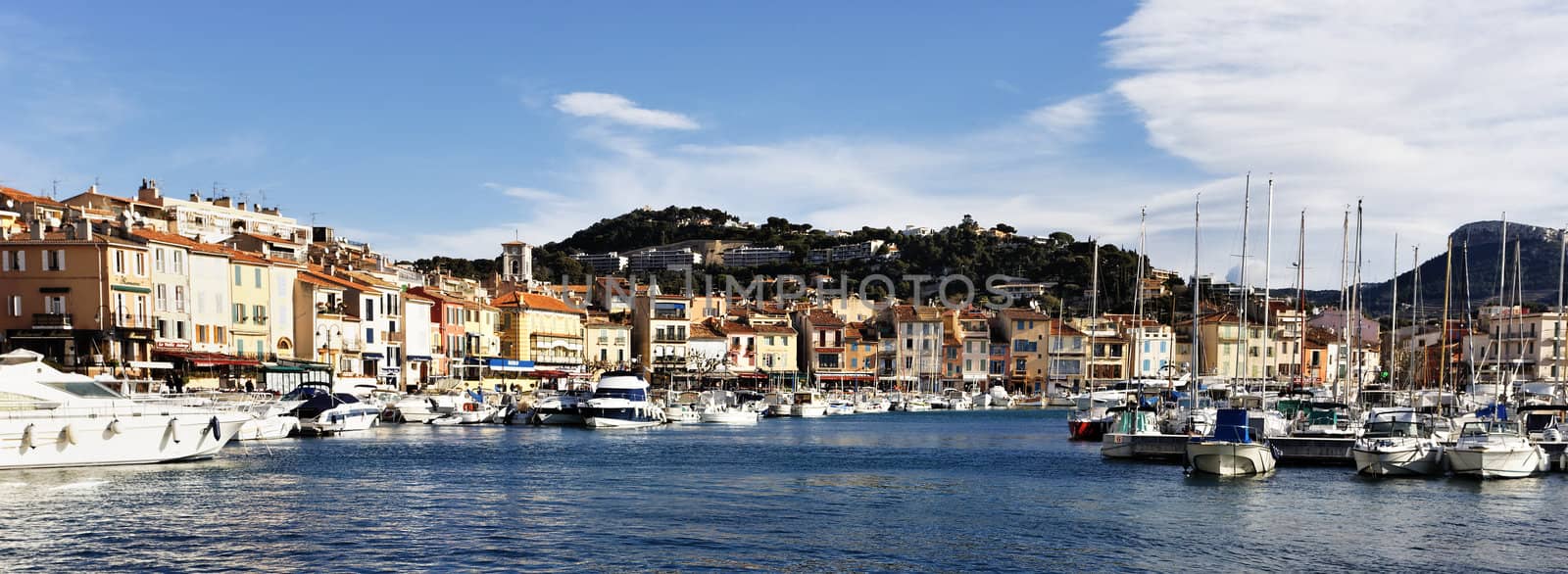 panoramic view of Cassis harbor, in France