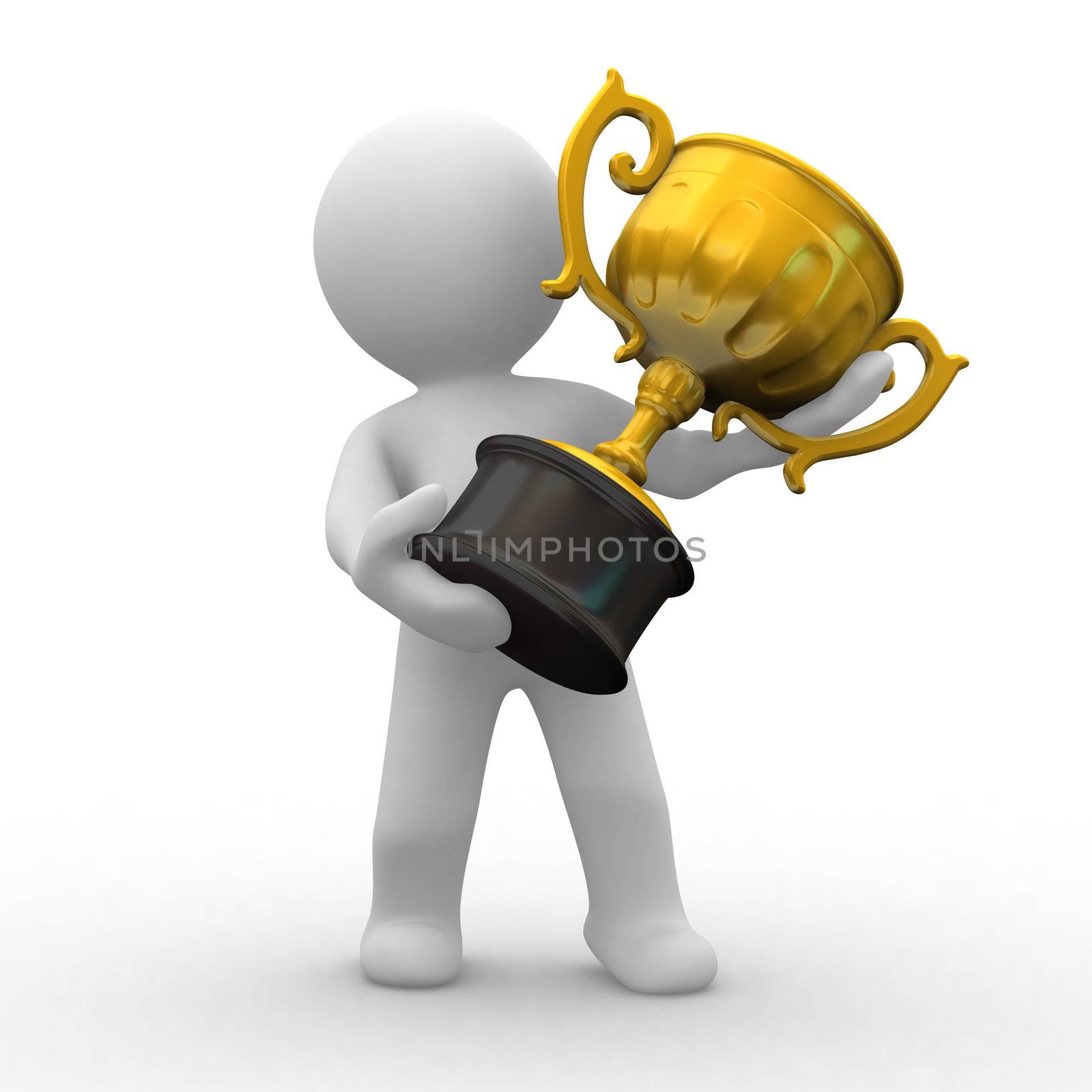 3d human with a gold trophy in hands