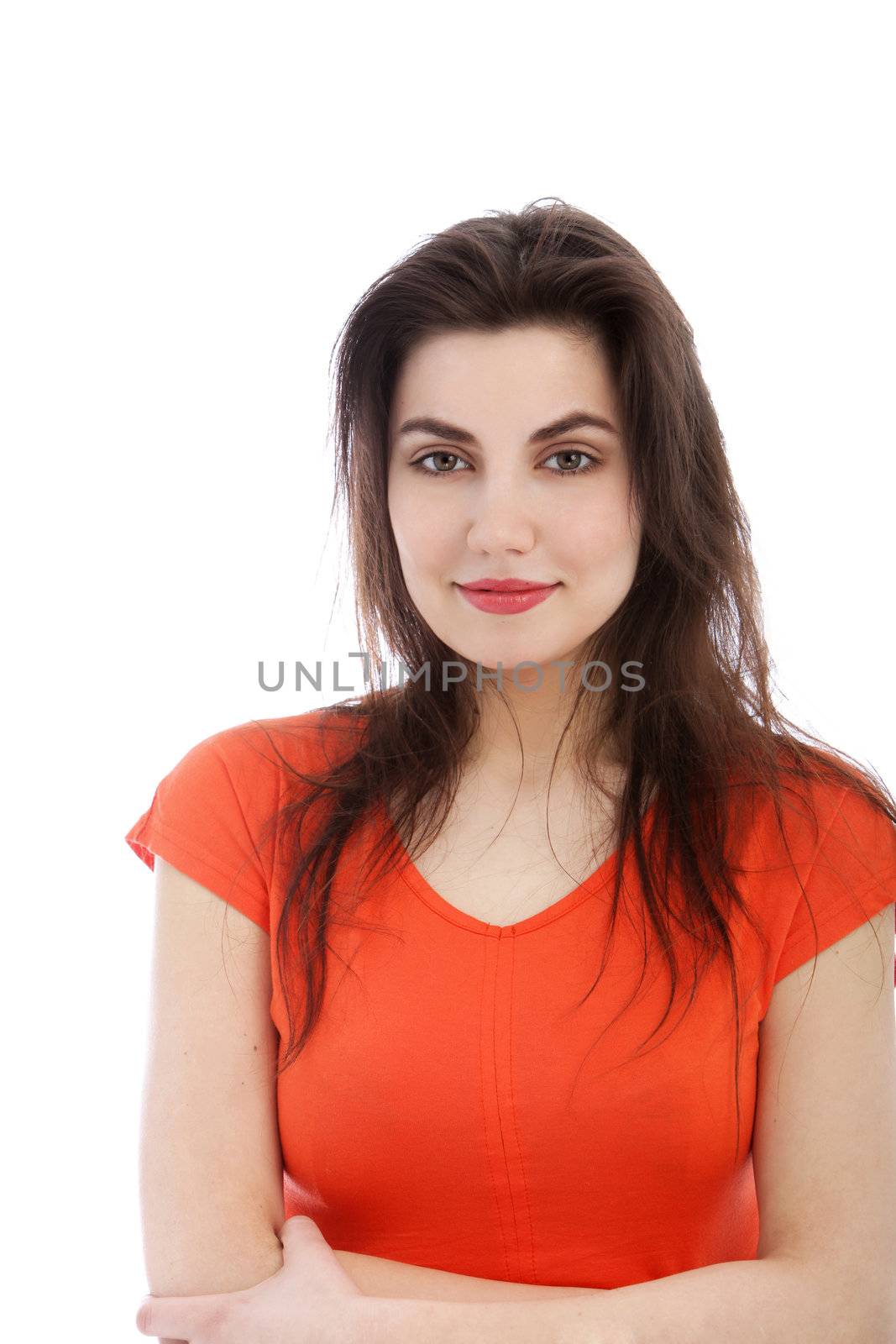 Young brunette Caucasian woman with red T-shirt smiling, portrait