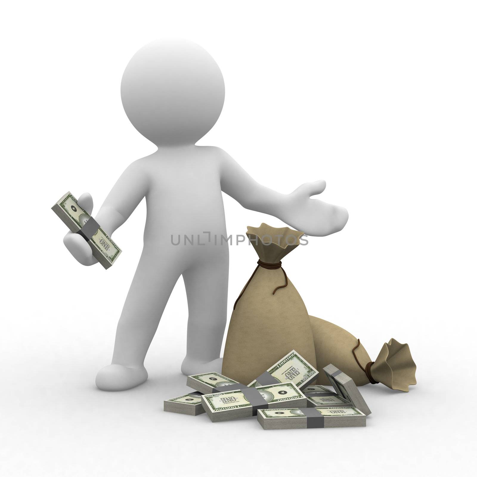 3d human keep money with bags in front of them