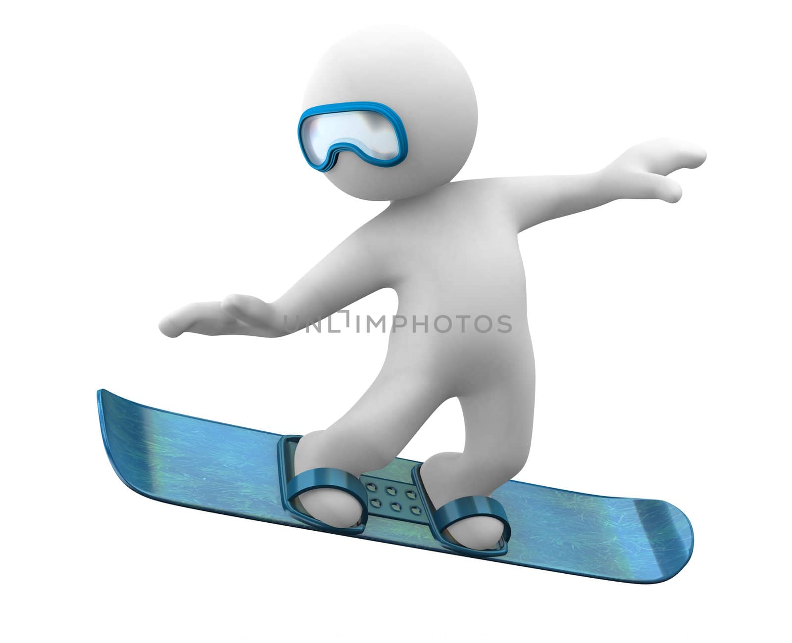 3d little abstract person jumping with snowboard