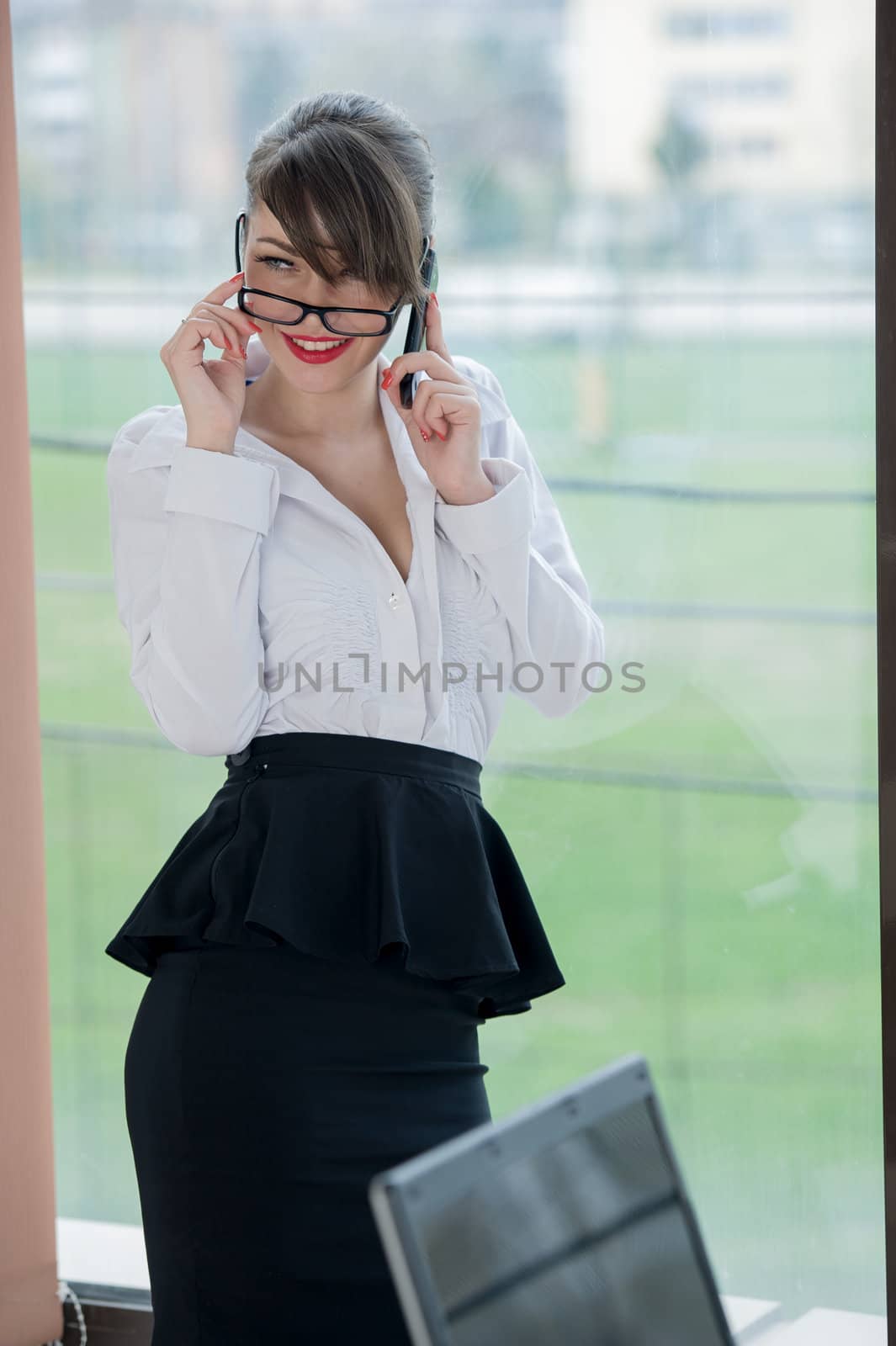 beautiful businesswoman with laptop and phone