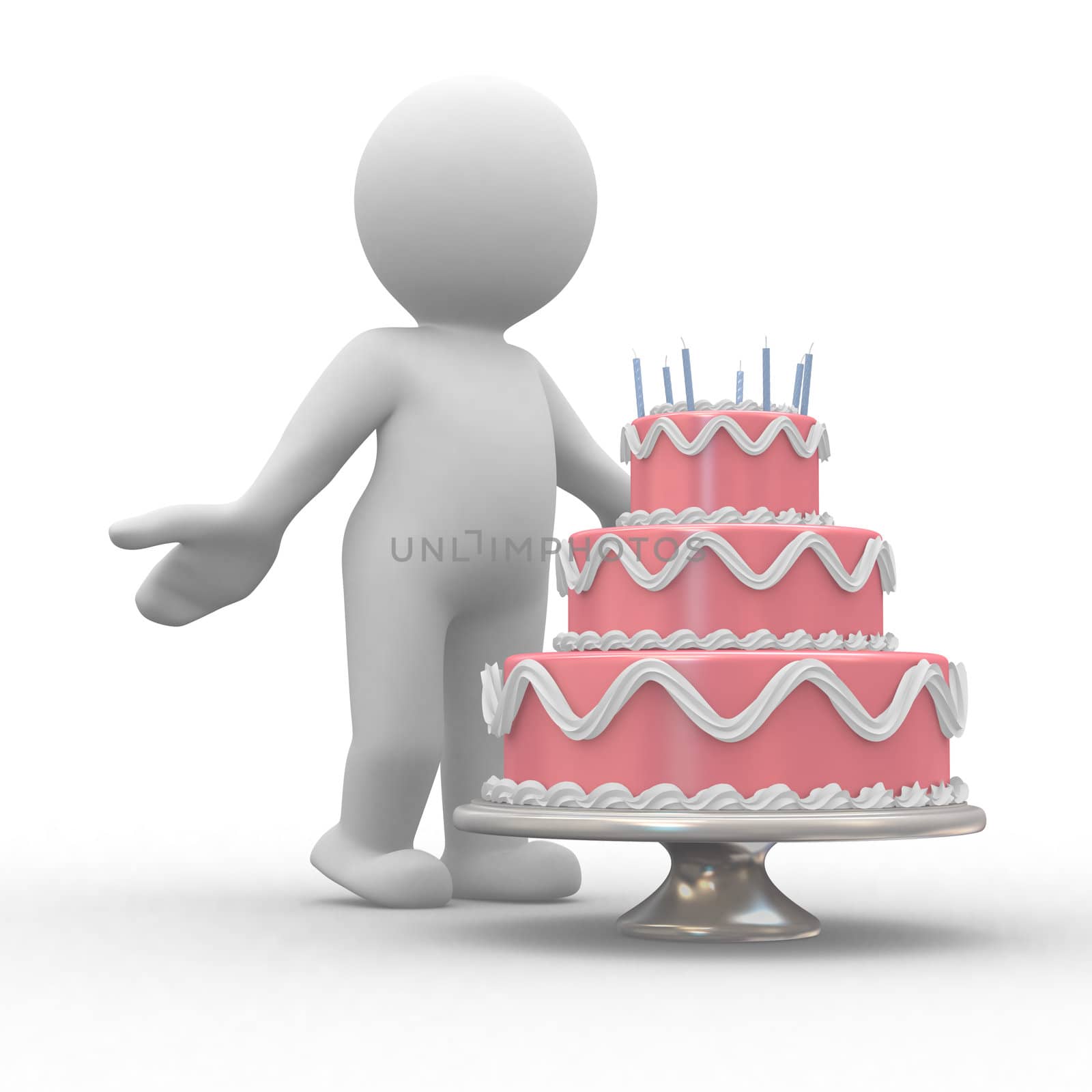 3d human on front of a big birthday cake