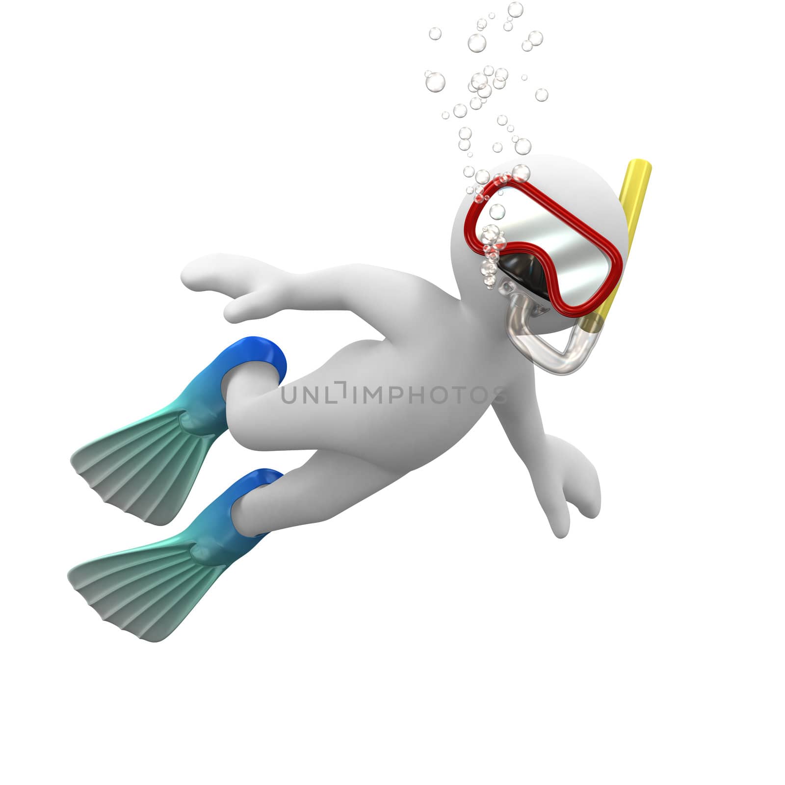 3d human with swimming equipment underwater diving