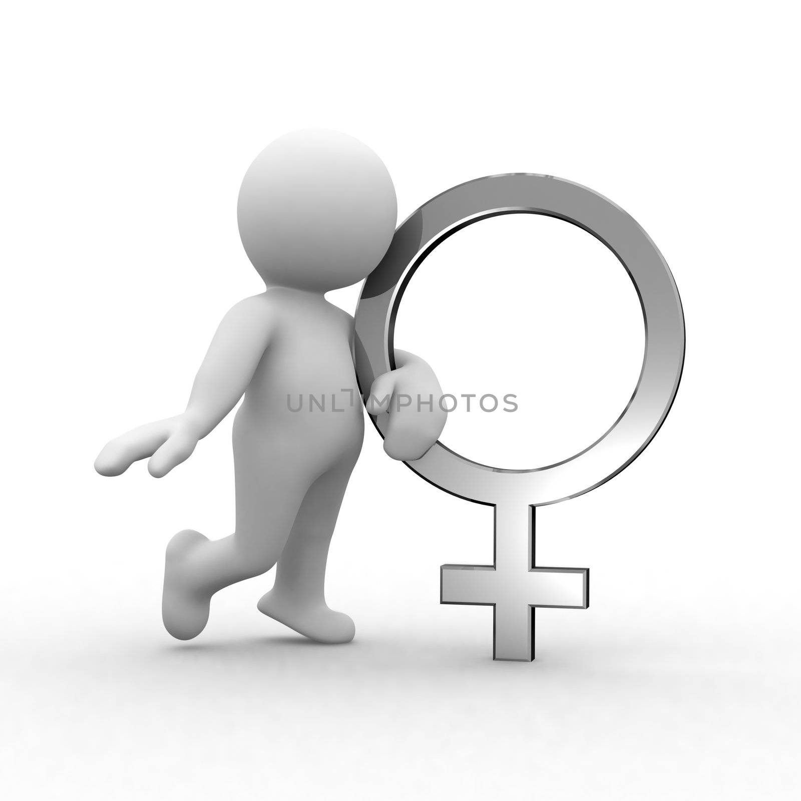 3d female figure with a metal sign