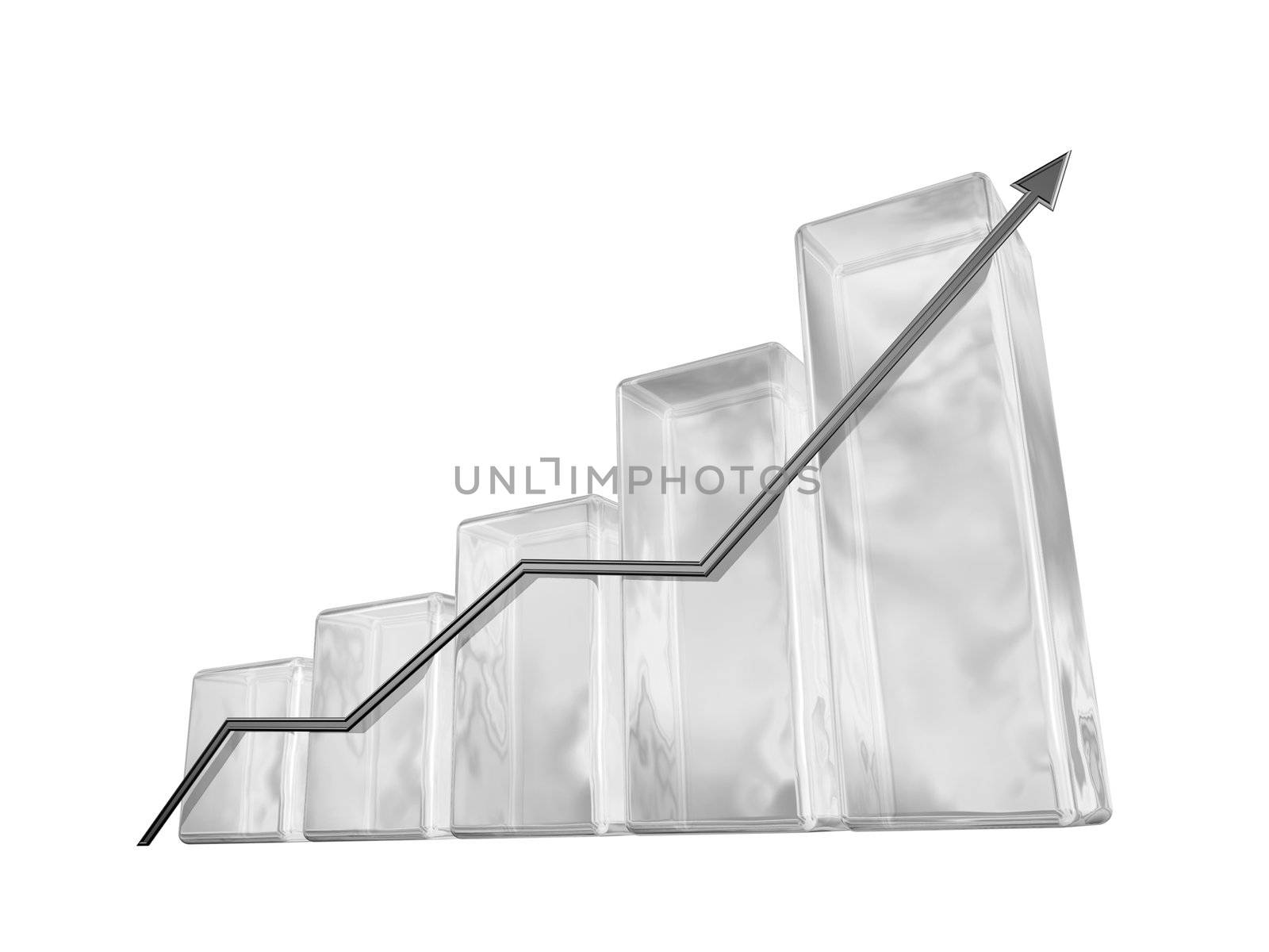 3d white glass of statistic bars and arrow