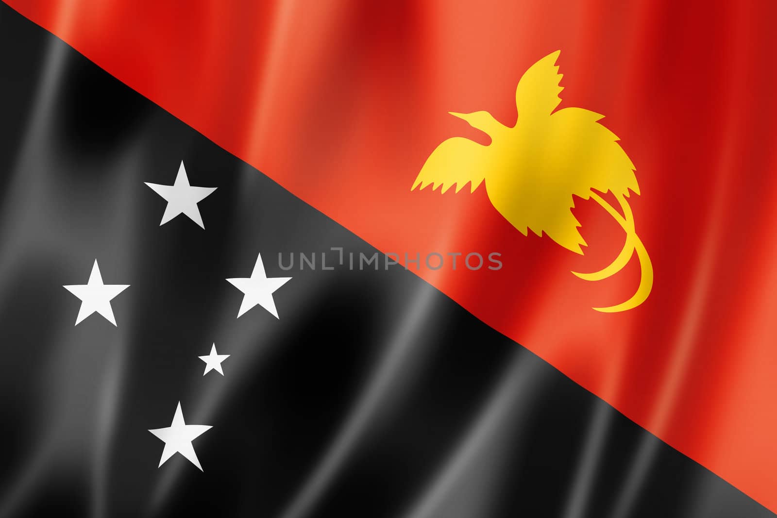 Papua New Guinea flag, three dimensional render, satin texture