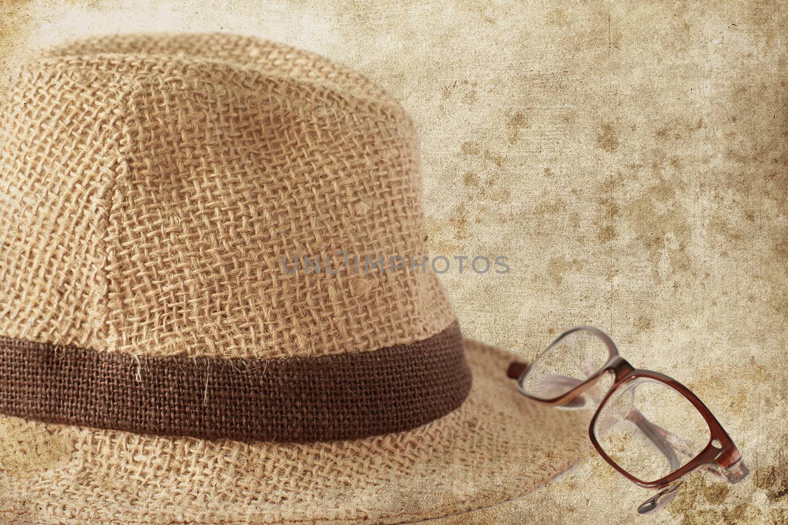 Summer straw hat with glasses, photo in old image style by nuchylee