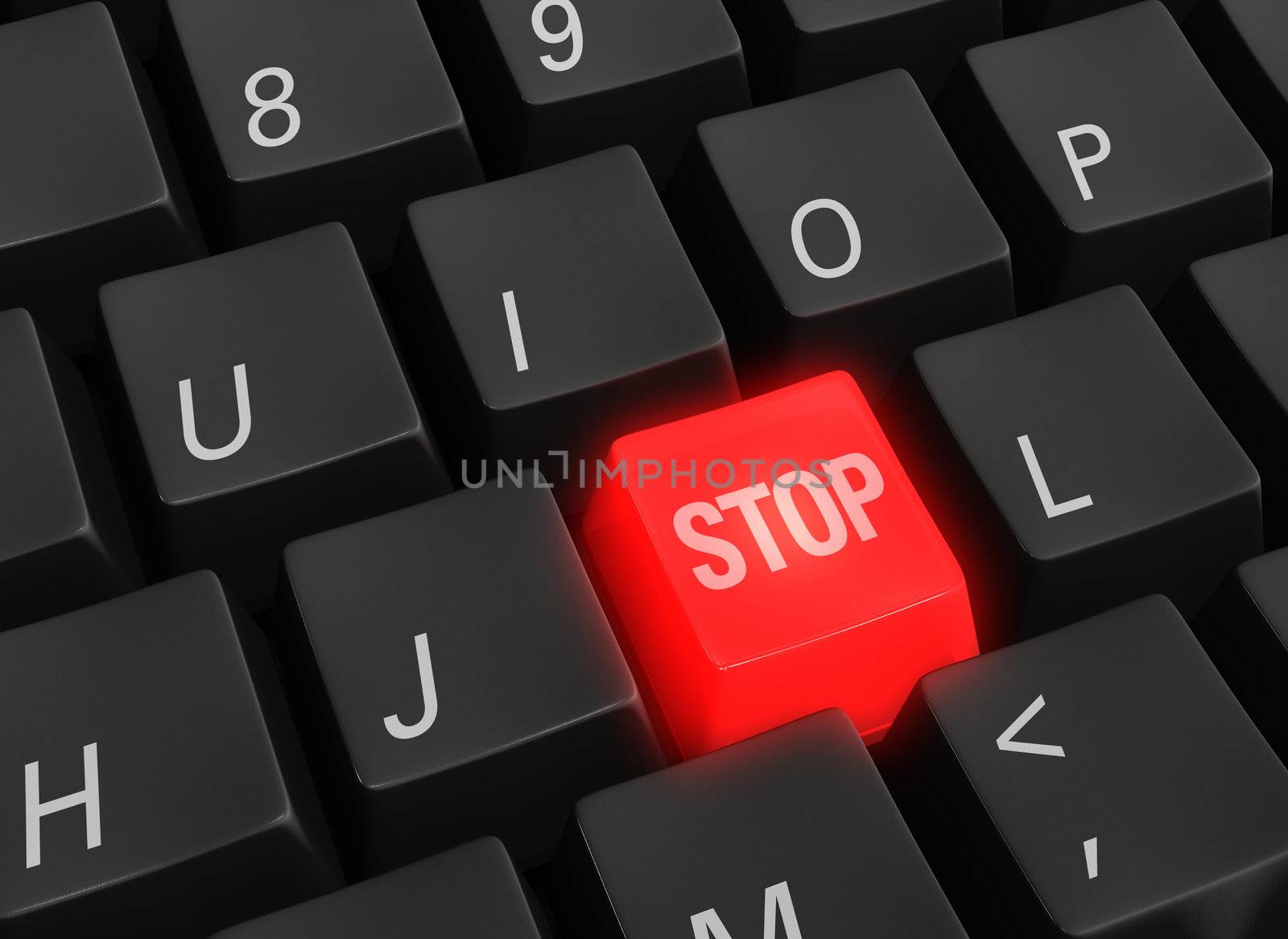 Close up photo-real illustration of black computer keyboard keys surrounding a single red glowing STOP key.