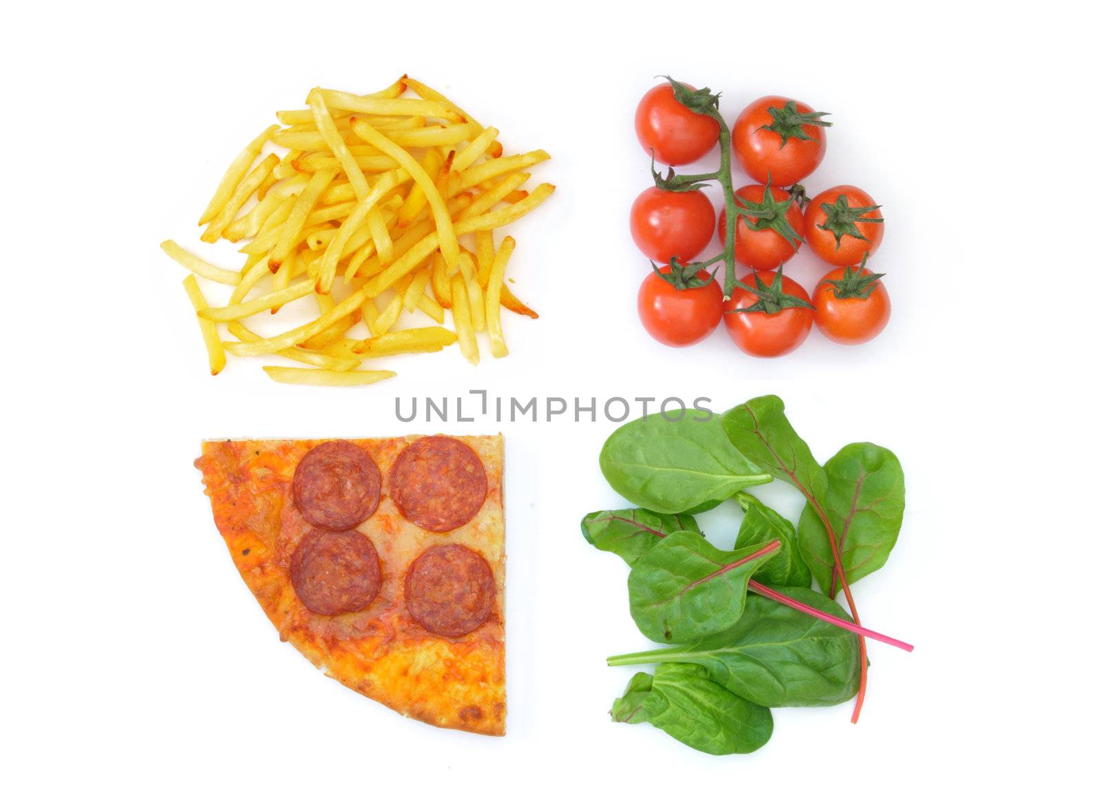 Fast food pizza and french fries on one side and cherry tomatoes and salad leaves on the other 