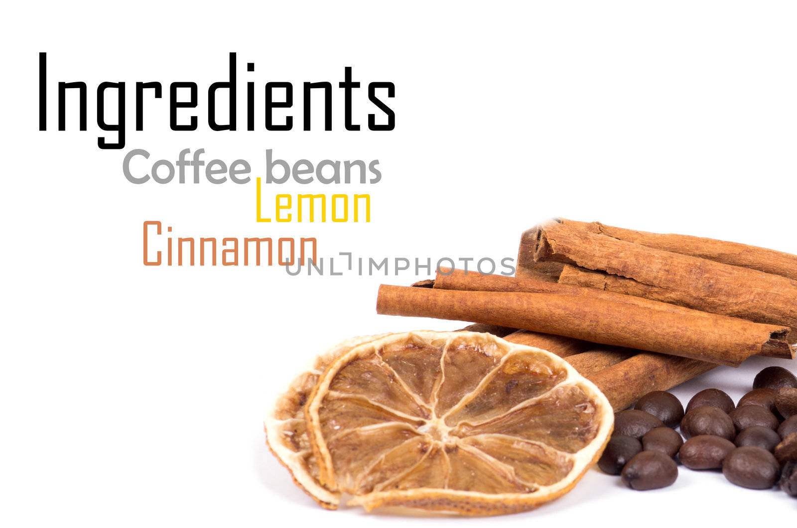 cinnamon, lemon and coffee beans isolated on white