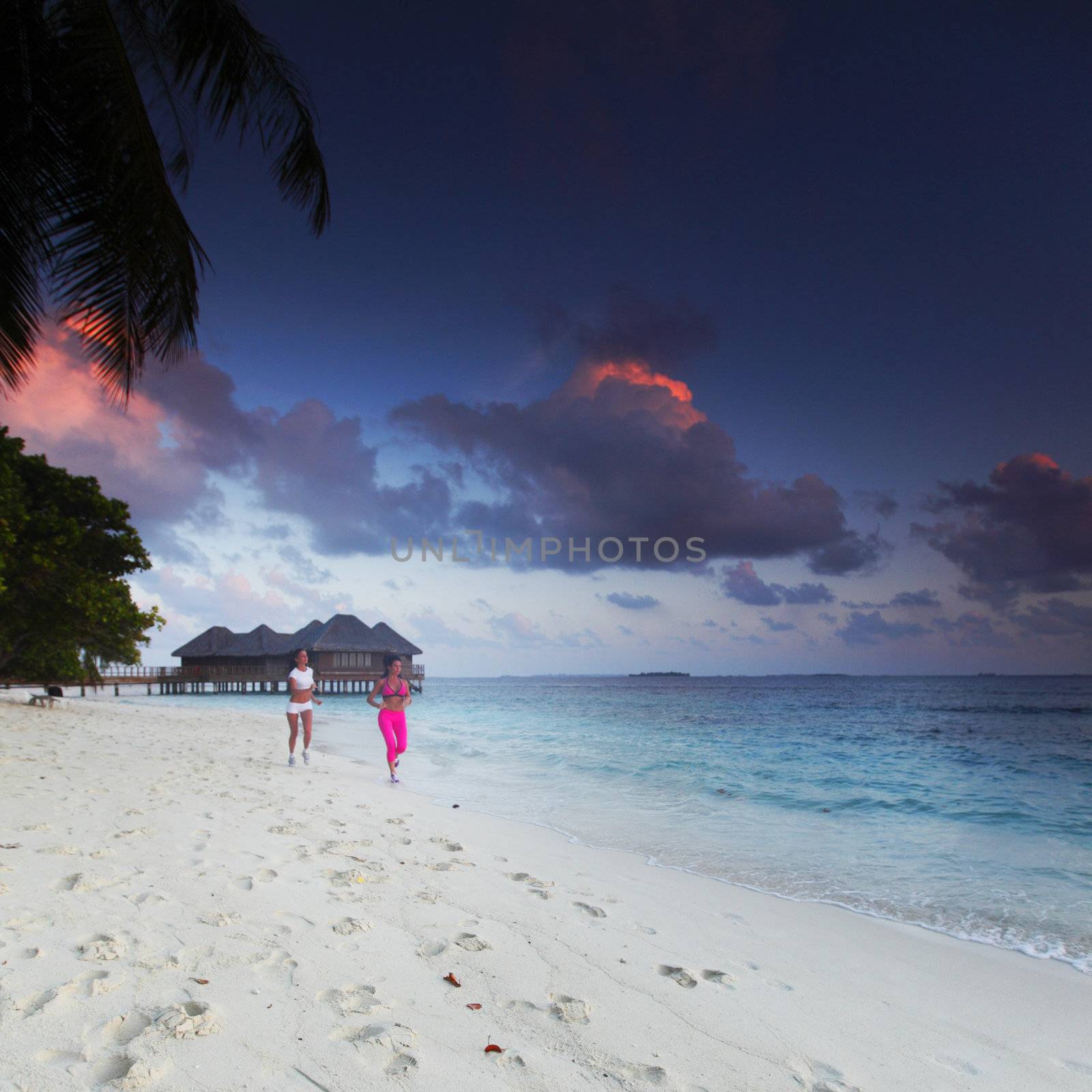 Fitness sport women running on beach at sunset