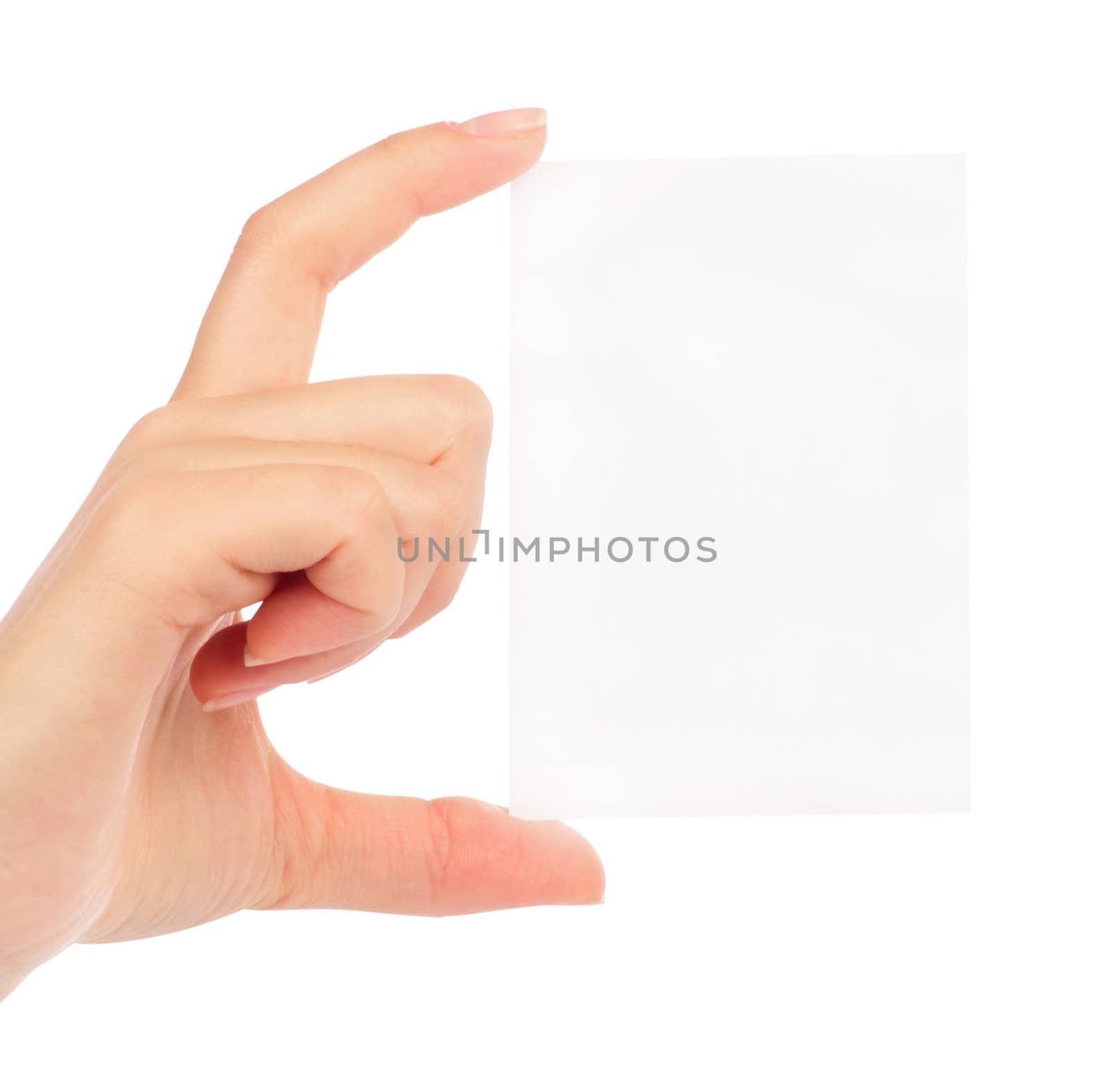 Businesswoman's hand holding blank paper business card, closeup isolated on white background