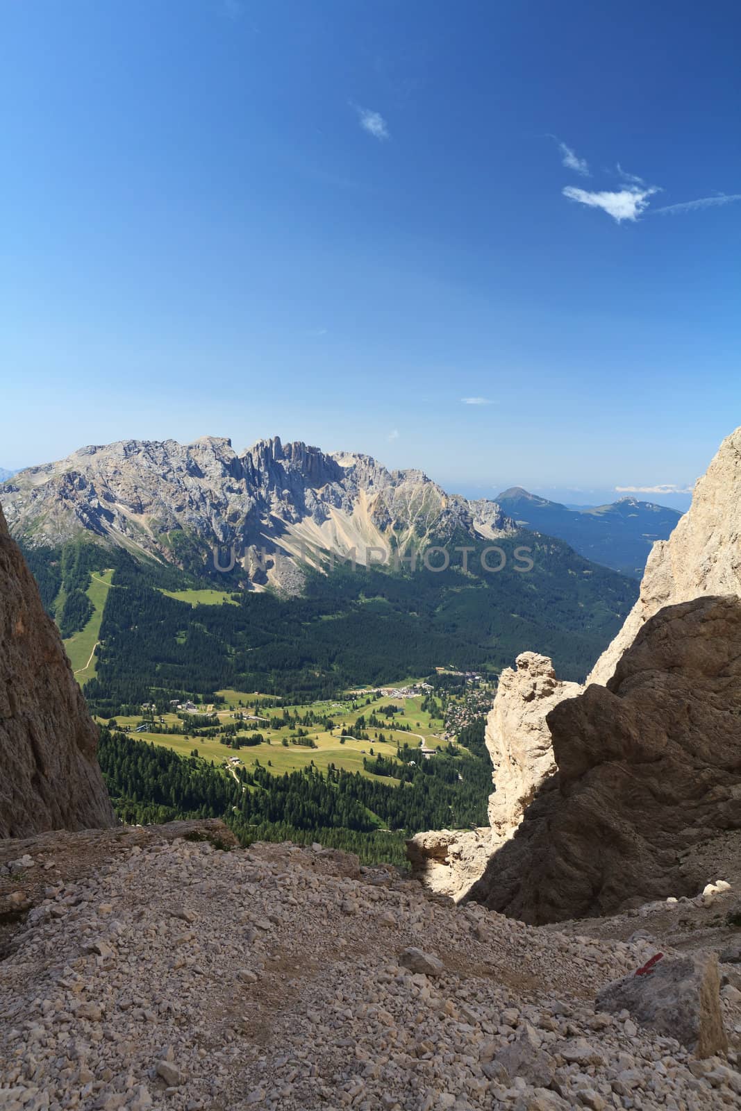summer landscape of Costalunga pass and Latemar mount from Vaiolon pass, Trentino Alto Adige, Italy