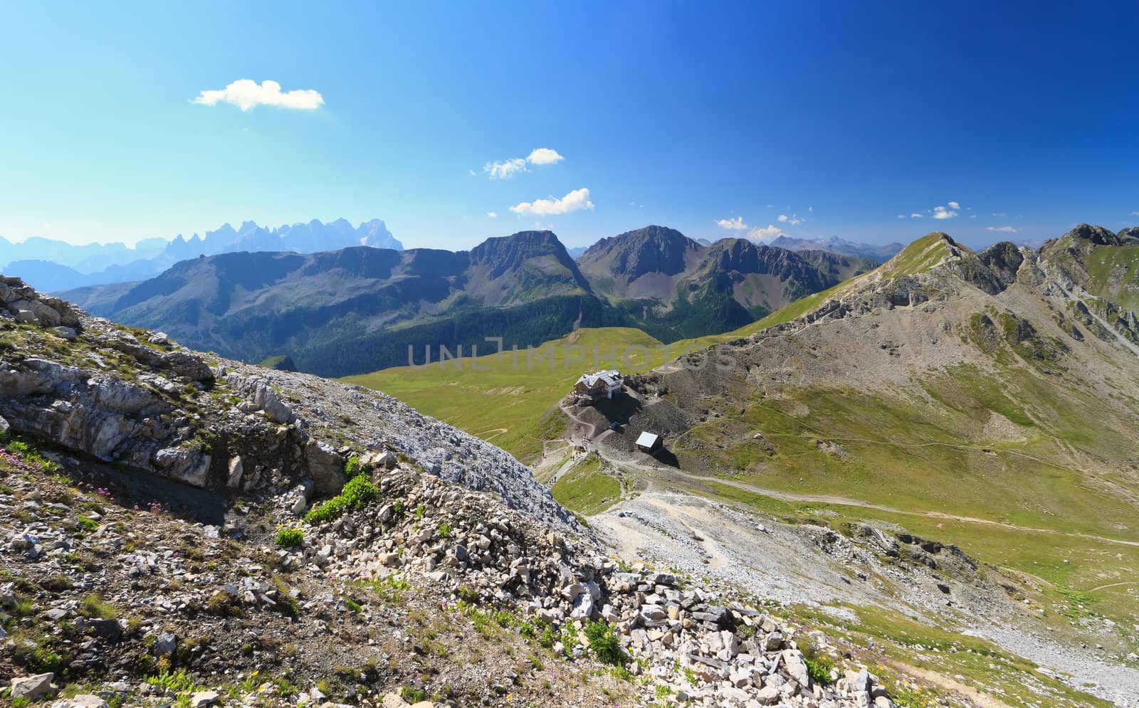 aerial view of Selle pass, Trentino, Italy