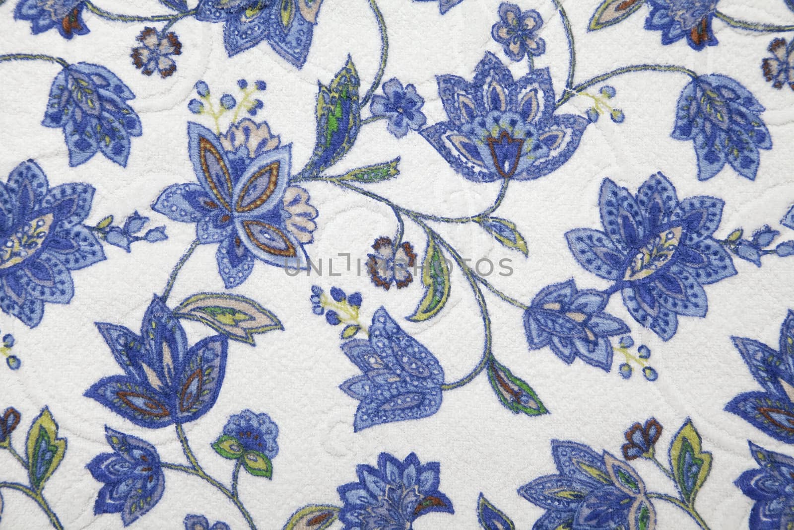 Close-up of fabric with blue flower pattern
