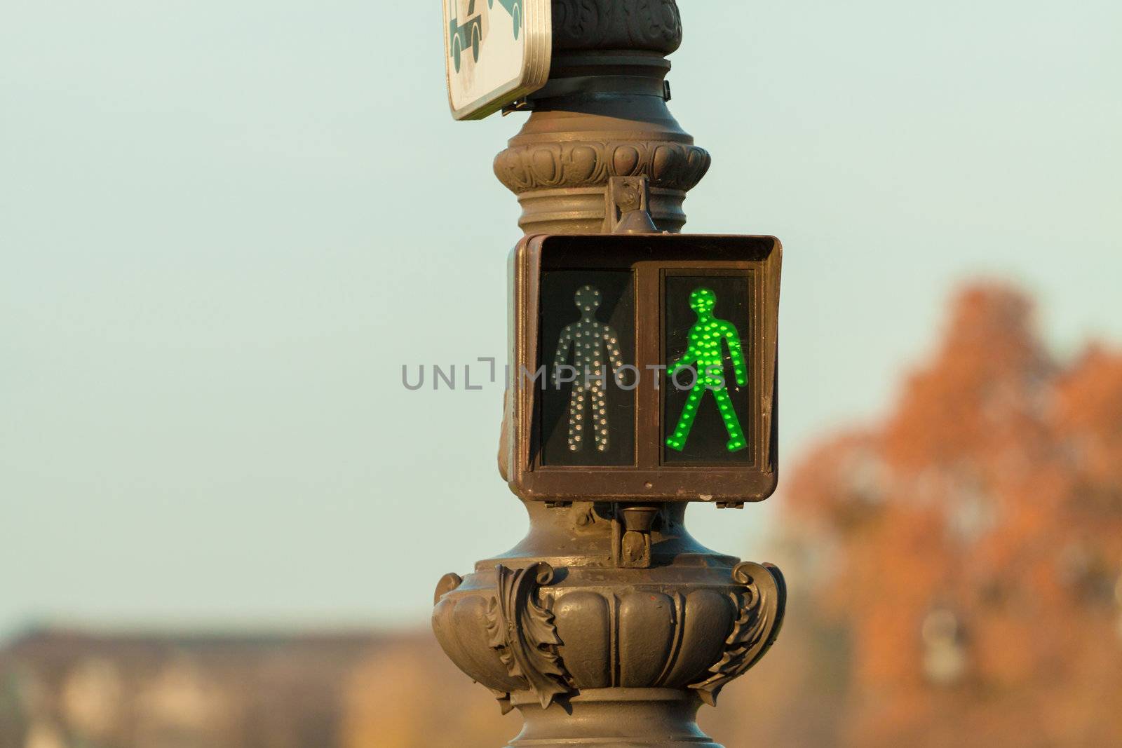 Green pedestrian traffic light in Paris