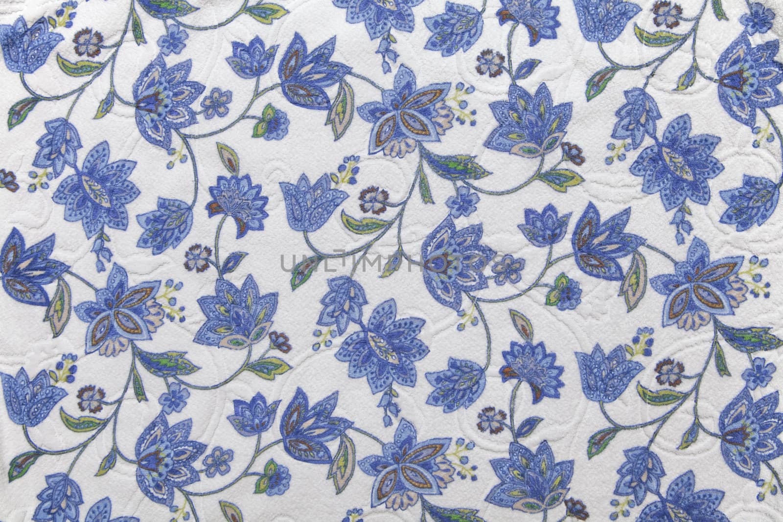 Close-up of fabric with blue flower pattern