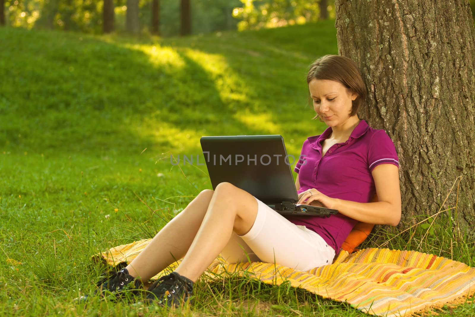Beautiful young brunette working on a laptop in the park by Lamarinx