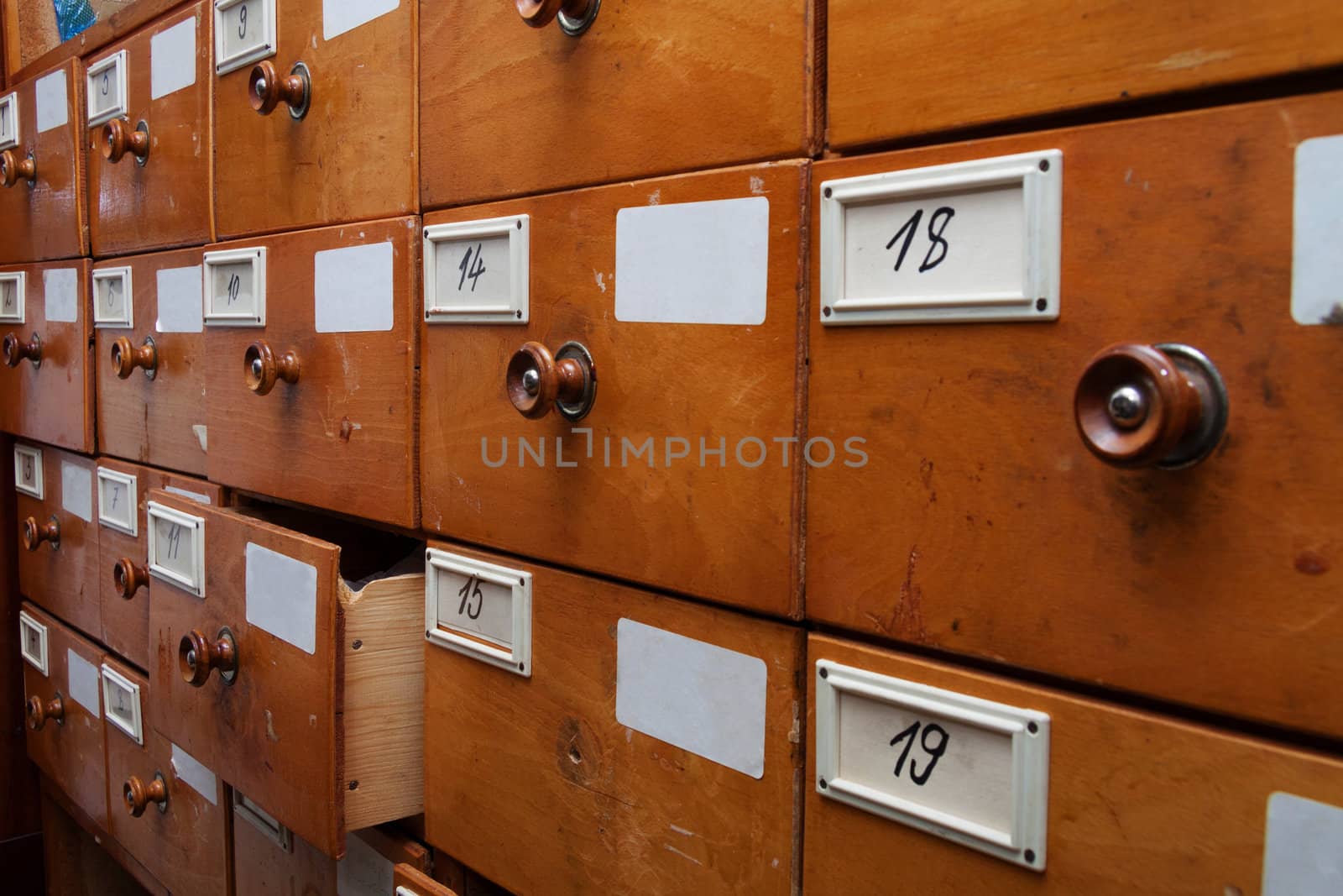 Wooden archive drawers, side view by Lamarinx