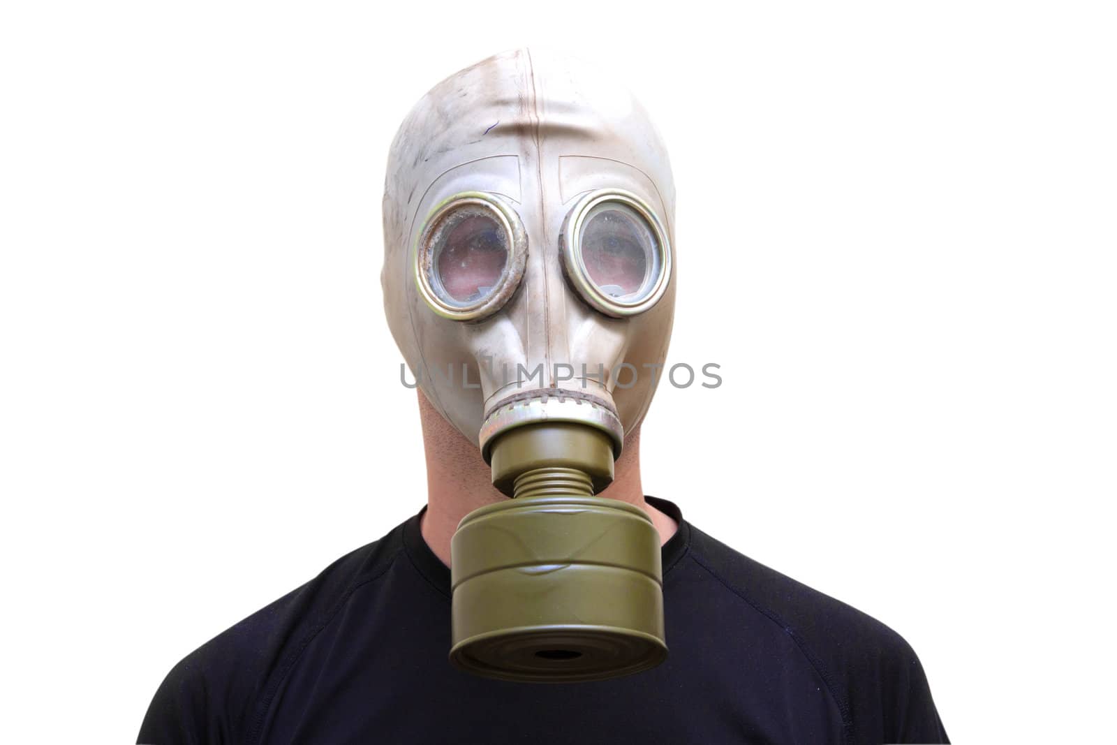 Man with old style gas mask isolated on white background, front view
