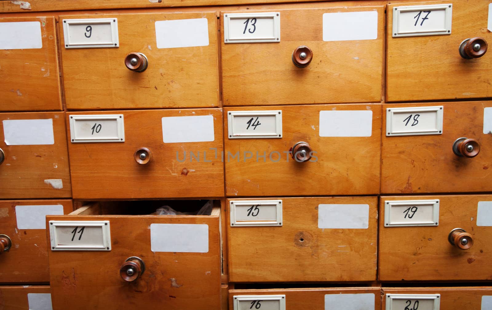 Wooden archive drawers, front view