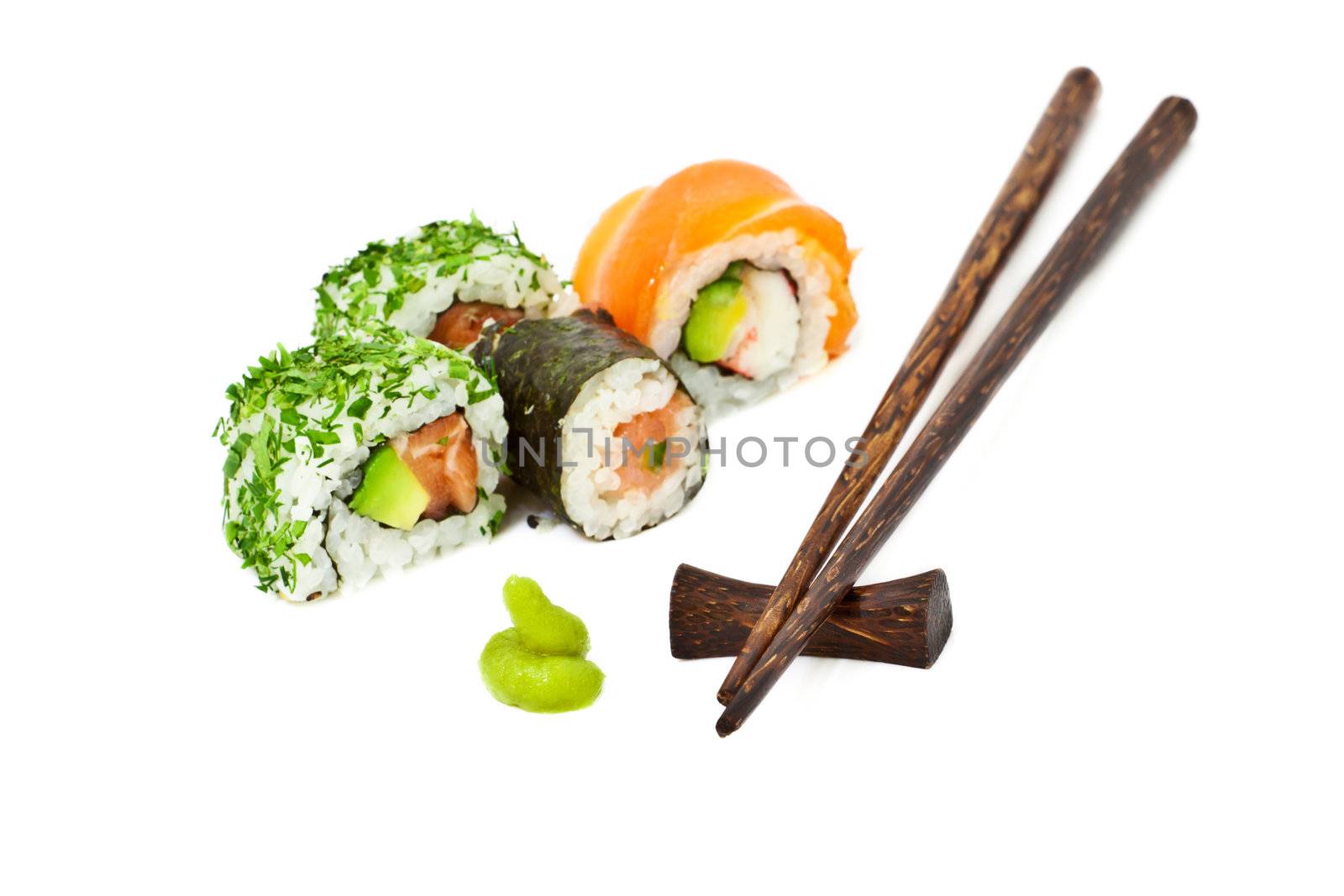 Sushi set isolated on white with chopsticks, horizontal