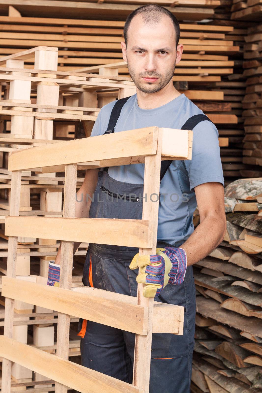 Warehouse worker moving wood pallets by Lamarinx