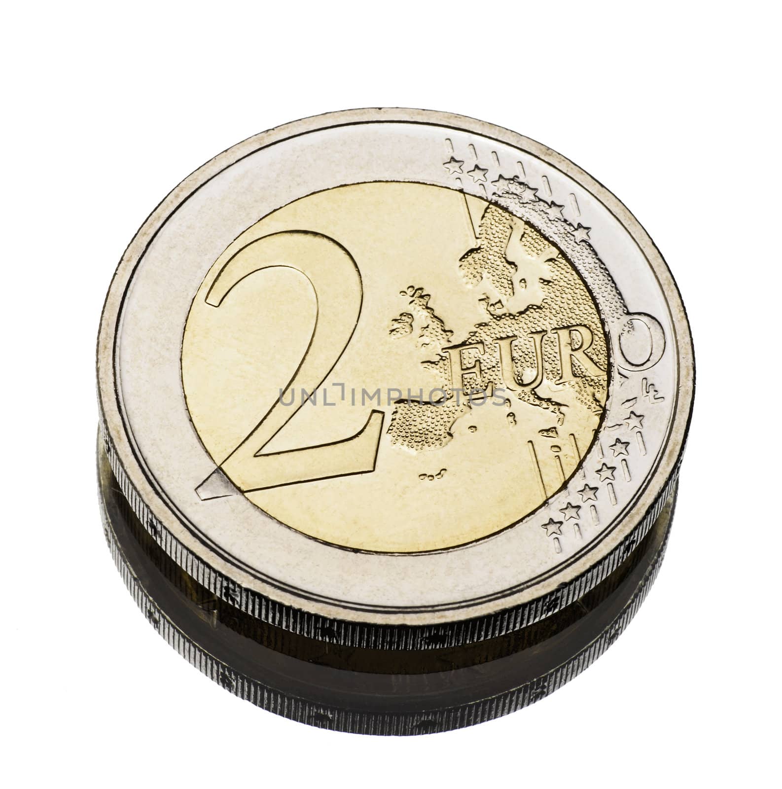 two euro coin worn on white