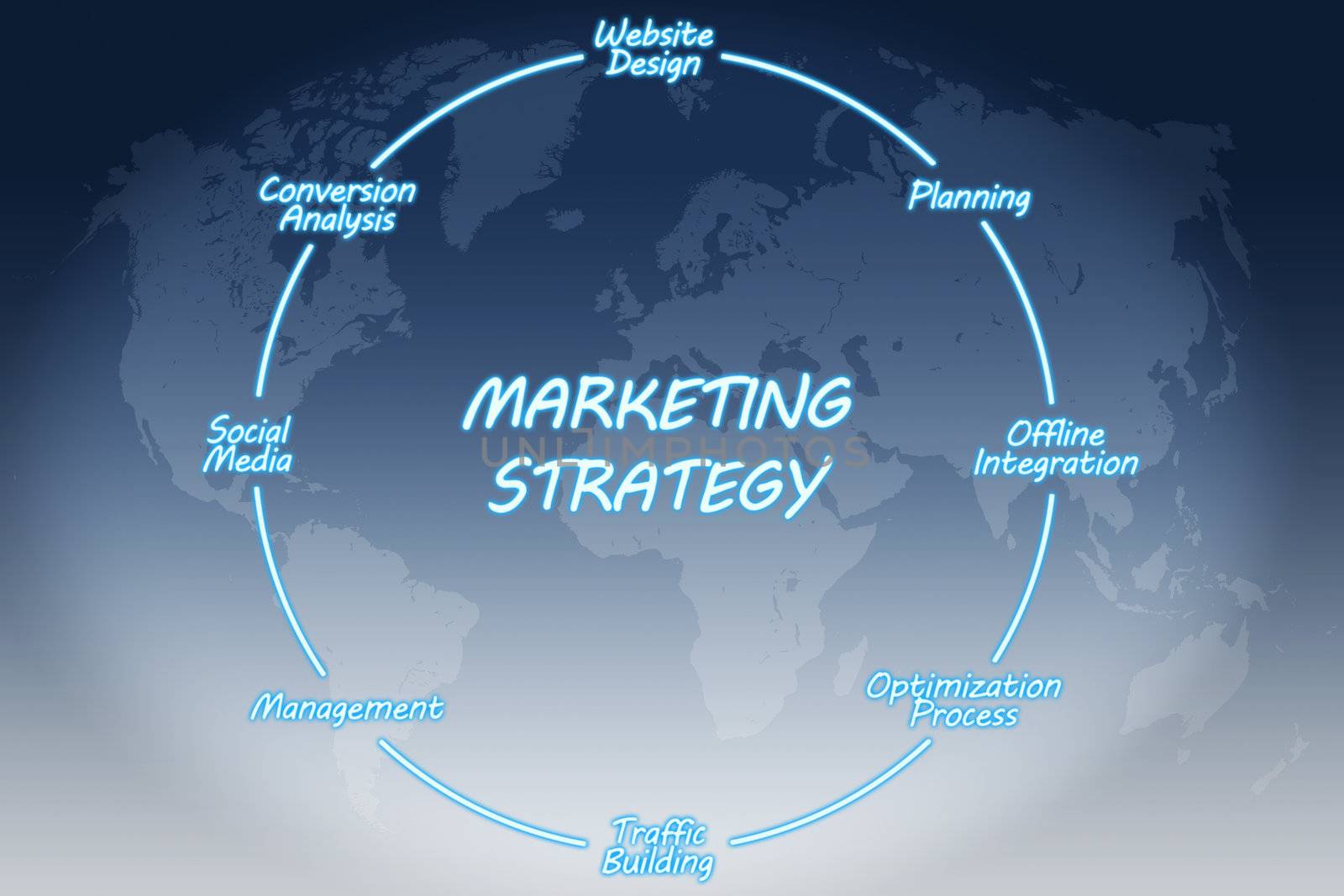 marketing strategy concept on blue-white world map background