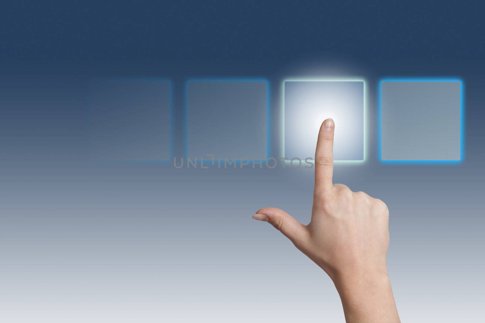 hand pressing a touchscreen button on blue-white background
